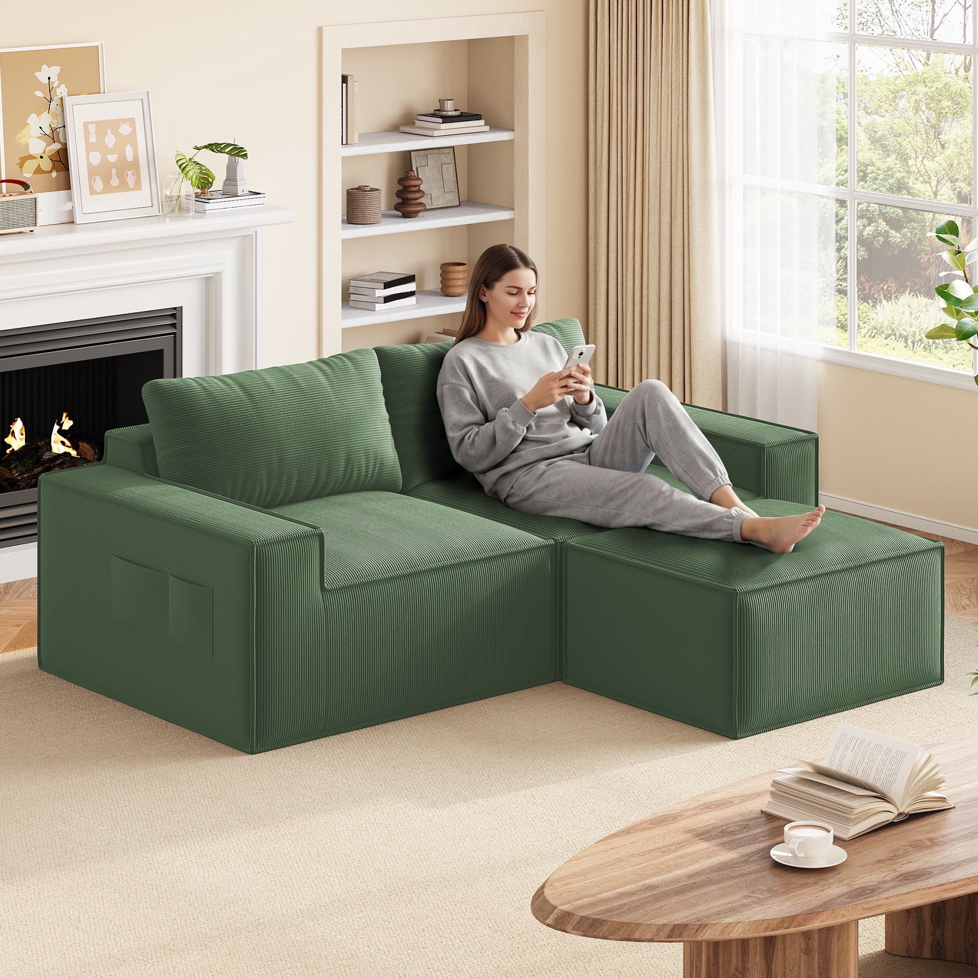 Comfortable Sofa Couch, Lofka L Shaped Foam Couch for Office, Living Room, Green