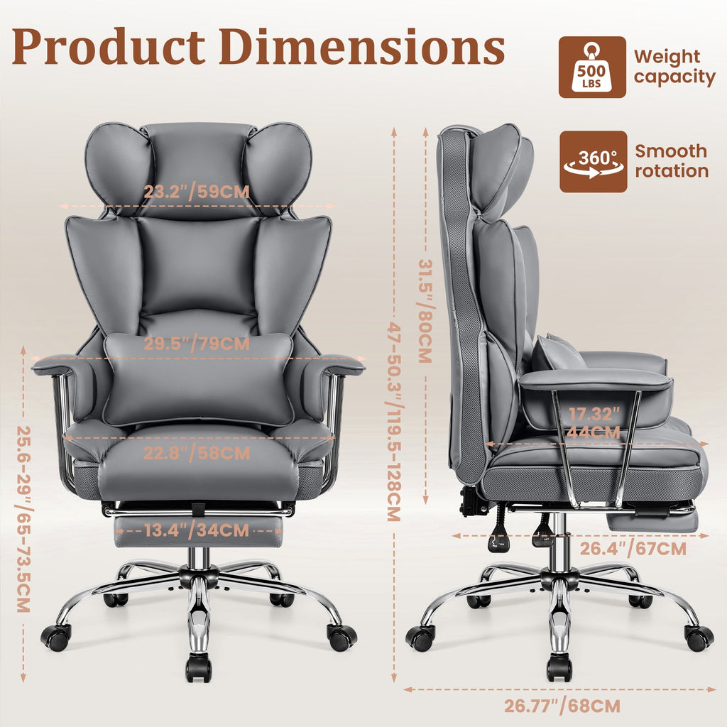 COOLHUT Big and Tall Office Chair 500LBS Wide Seat Ergonomic Computer Desk Chair, PU Leather Executive Office Chair with Footrest, Adjustable Task Chair Lumbar Back Support 8 Hour, Black