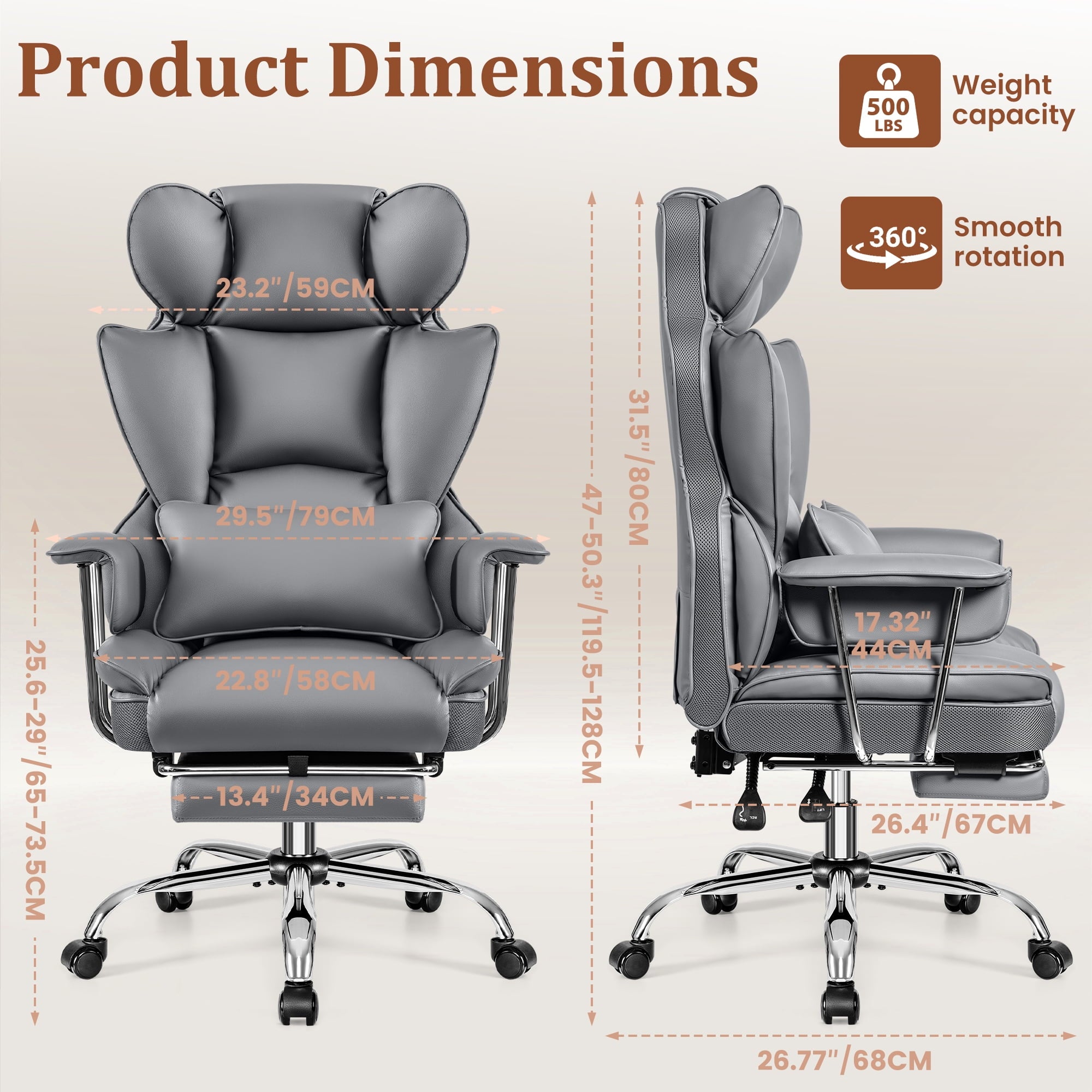 COOLHUT Big and Tall Office Chair 500LBS Wide Seat Ergonomic Computer Desk Chair, PU Leather Executive Office Chair with Footrest, Adjustable Task Chair Lumbar Back Support 8 Hour, Black