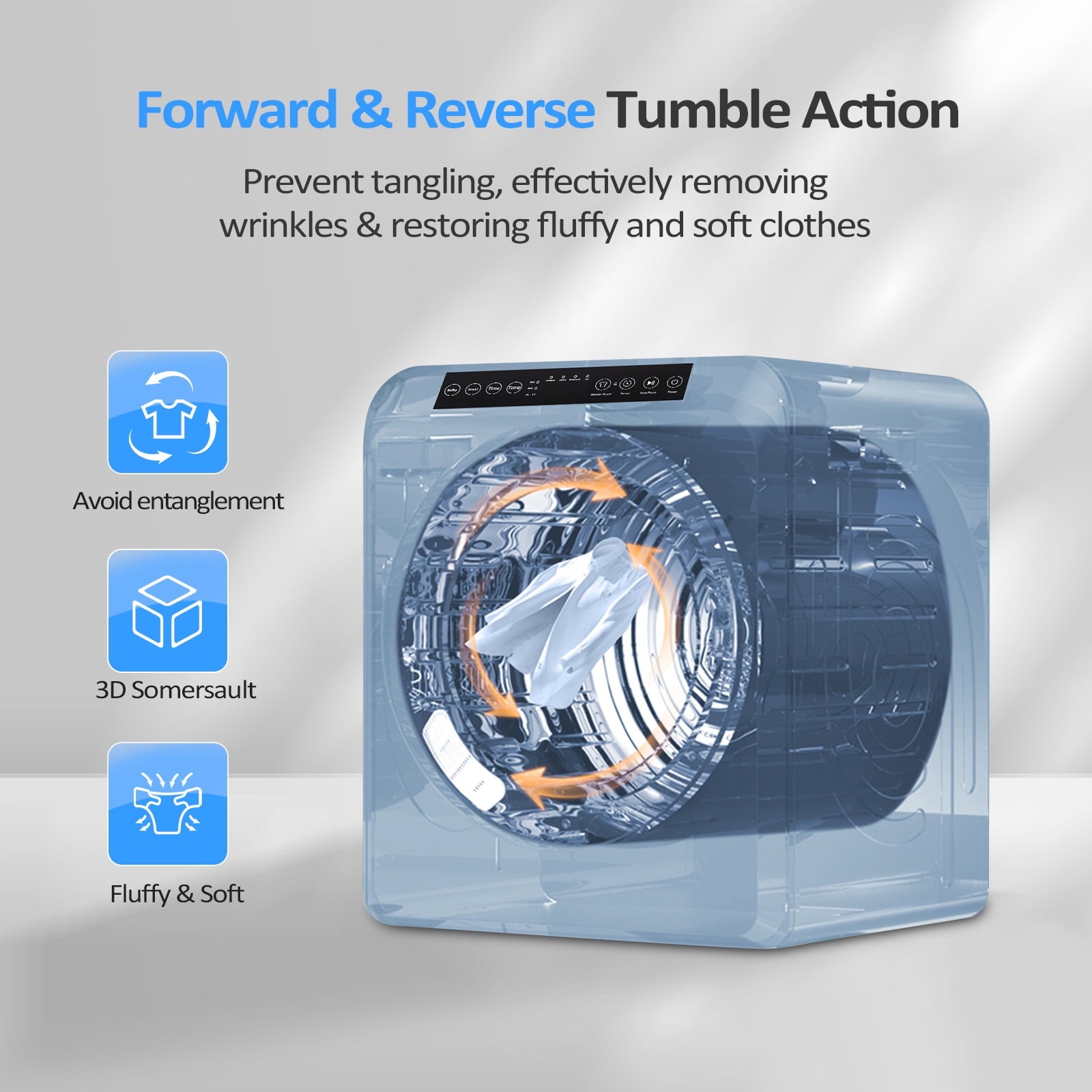 VINGLI 13.2LB Portable Clothes Dryer, 3.5 Cu.Ft Front Load Laundry Electric Tumble Dryer with LCD Touch Screen, UV Disinfection for Apartment, Home, Dorm-110V, Luxury Grey