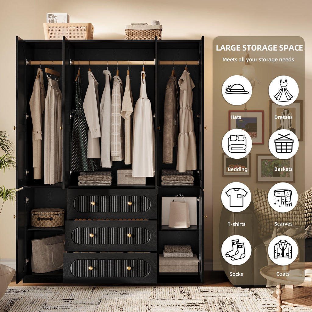UGTOO 72H 4-Door Wardrobe Armoire with 3 Hanging Rods & 3 Drawers – Black Wooden Closet Storage Cabinet, Large Capacity Freestanding Clothes Organizer for Bedroom