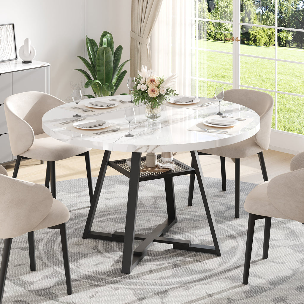 PAPROOS Round Dining Table, 43'' Faux Marble Dining Table with Storage Shelf, Circle Dining Table for Dining Room, Modern Kitchen Table for 4 People, White(Only Table)