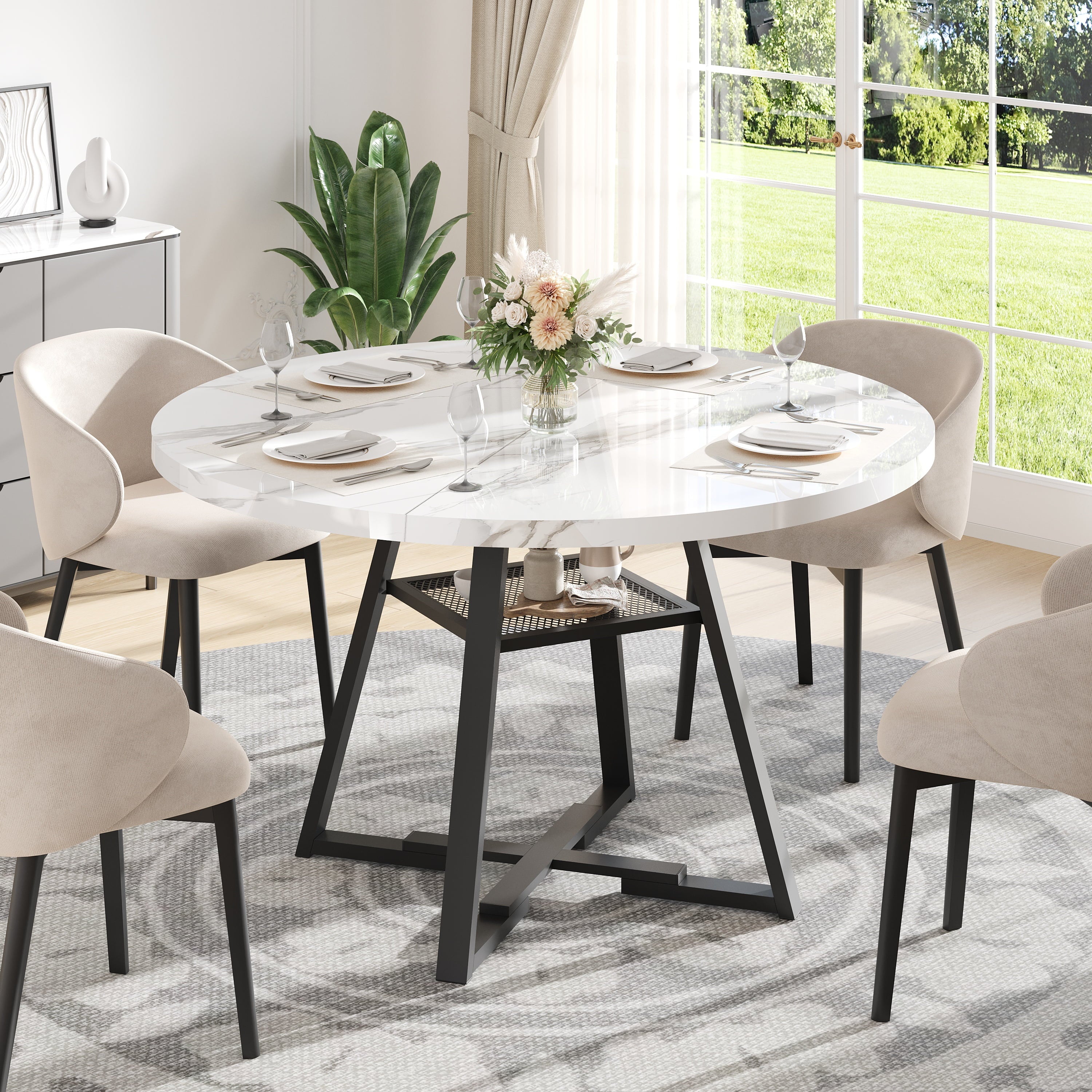 PAPROOS Round Dining Table, 43'' Faux Marble Dining Table with Storage Shelf, Circle Dining Table for Dining Room, Modern Kitchen Table for 4 People, White(Only Table)