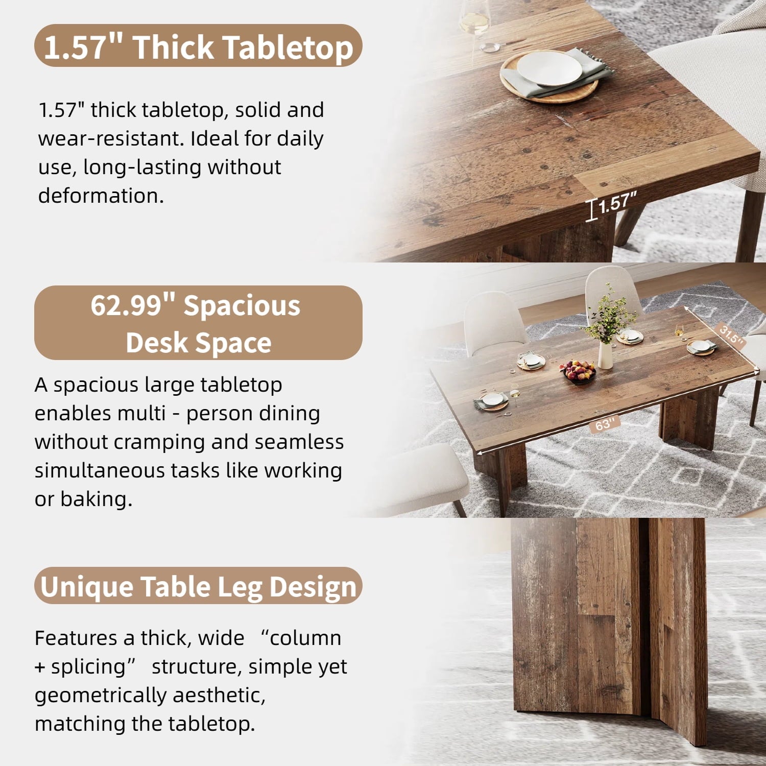 Fnova 63 Rectangular Modern Dining Table, Wooden Modern Kitchen Table for 6 People for Dining Room, Warm Brown (Chairs Not Included)