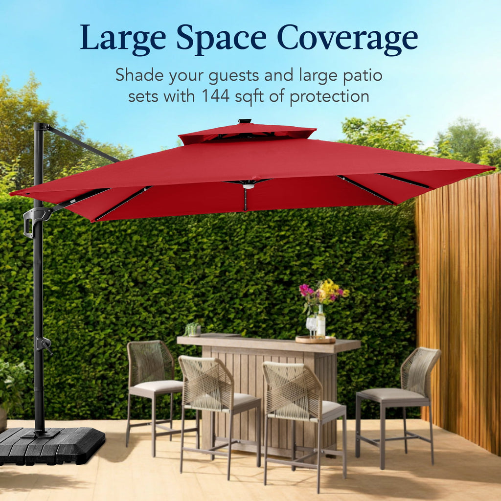 Best Choice Products 12x12ft 2-Tier Square Outdoor Solar LED Cantilever Umbrella w/ 360-Rotating Base   Gray