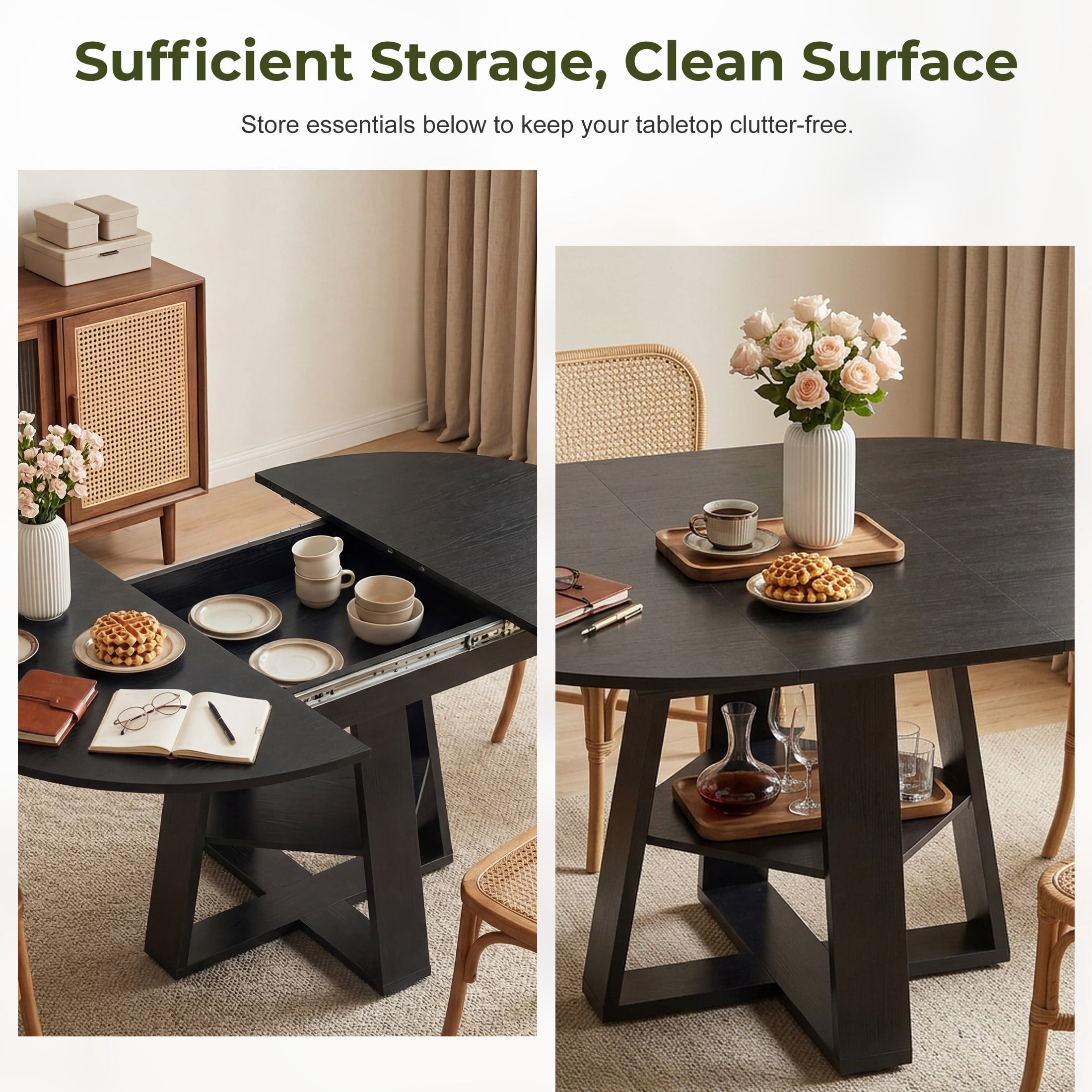 EDX 43.3″–59″ Extendable Round Dining Table for 4-8, Modern Oval Dining Table with Removable Leaves, Wooden Kitchen Table with Storage Shelf Base, Space Saving for Kitchen Living Room, Black
