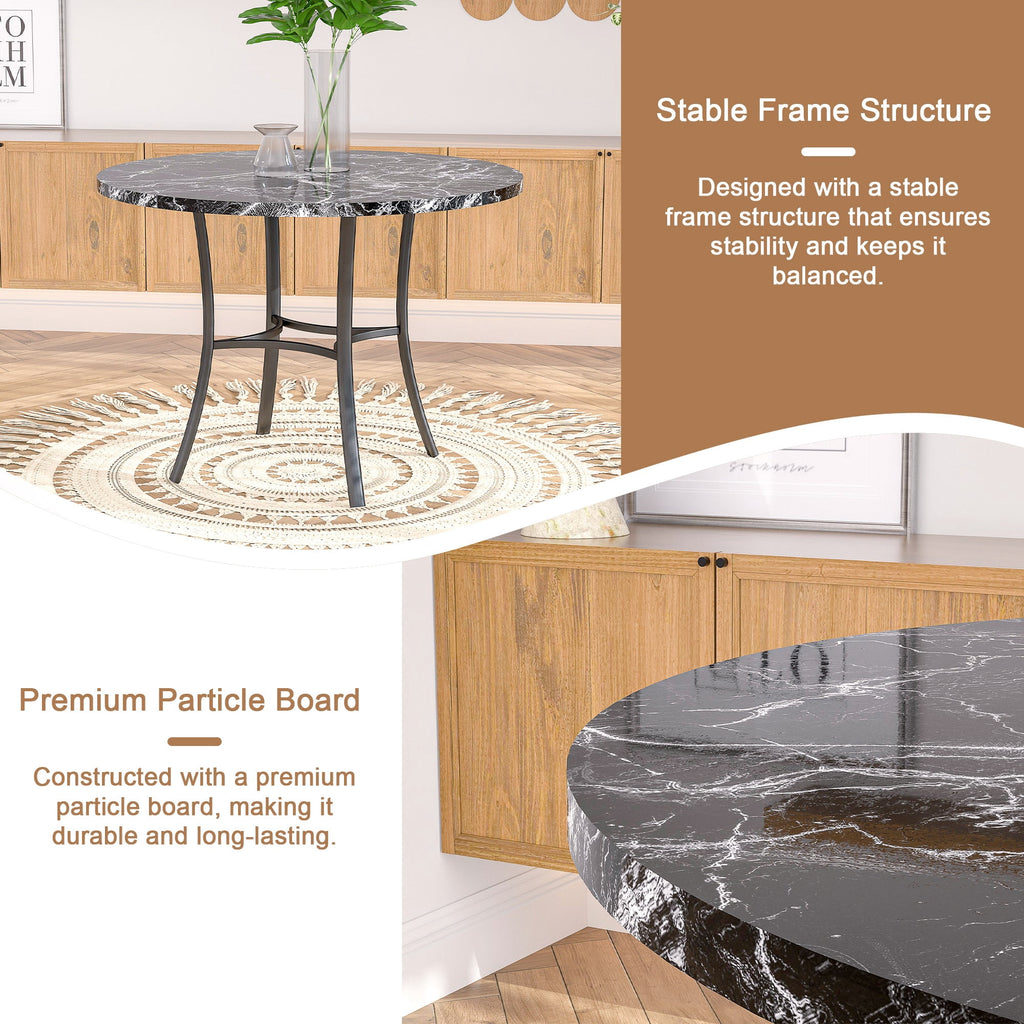 VECELO 5-Piece Dining Table Set, Modern Faux Marble Table and 4 Upholstered Chairs Set for 4, Round Dining Room Table Set for Small Space, Breakfast Nook, Apartment, Black