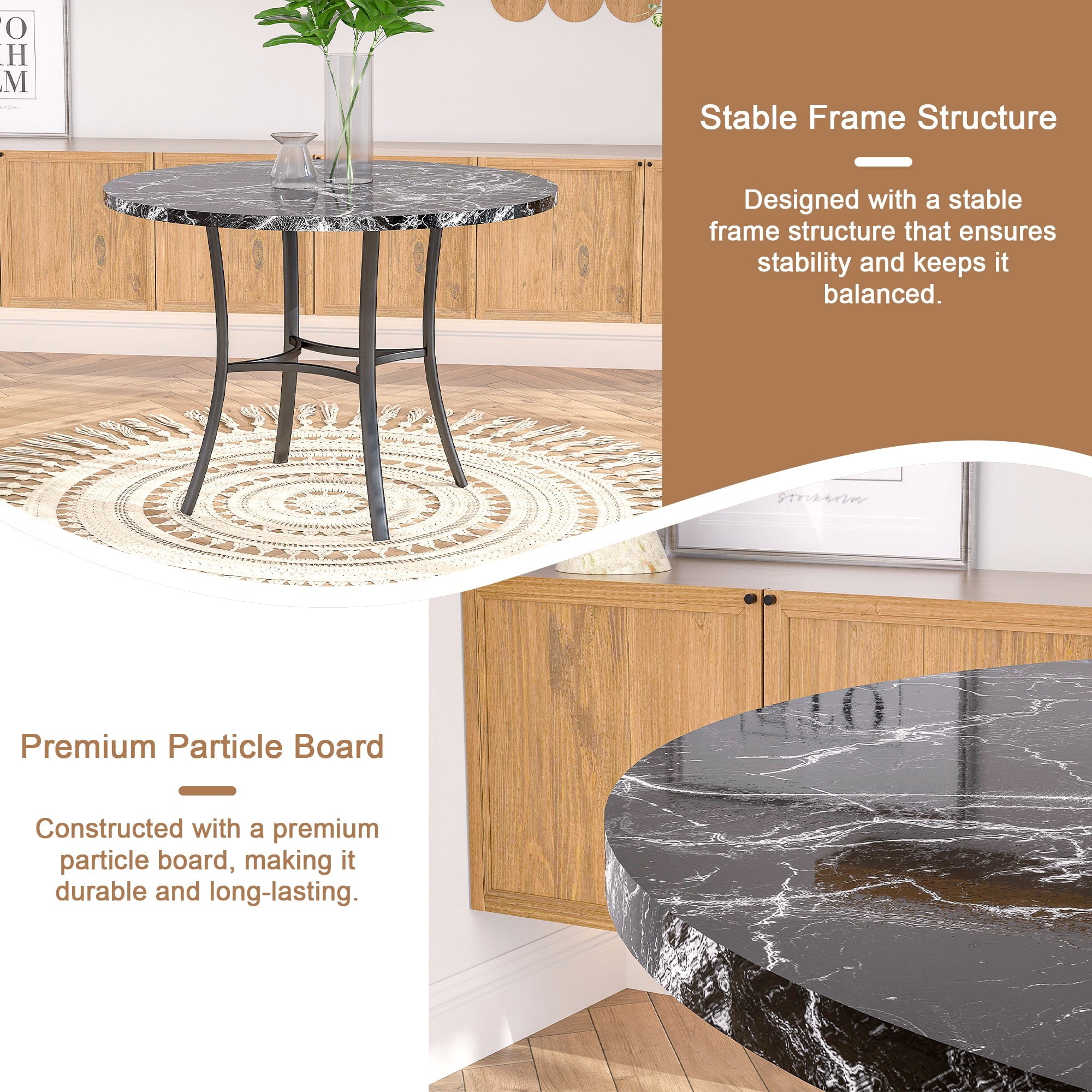 VECELO 5-Piece Dining Table Set, Modern Faux Marble Table and 4 Upholstered Chairs Set for 4, Round Dining Room Table Set for Small Space, Breakfast Nook, Apartment, Black