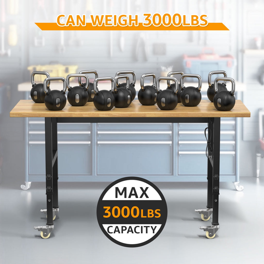 60 Adjustable Workbench,Heavy-Duty Work Table,3000 LBS Load Capacity Hardwood Workstation Outlets with Power strips and Wheels,for Workshop, Garage