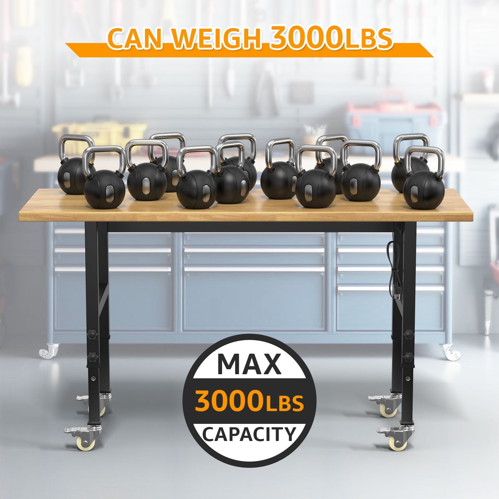60 Adjustable Workbench,Heavy-Duty Work Table,3000 LBS Load Capacity Hardwood Workstation Outlets with Power strips and Wheels,for Workshop, Garage