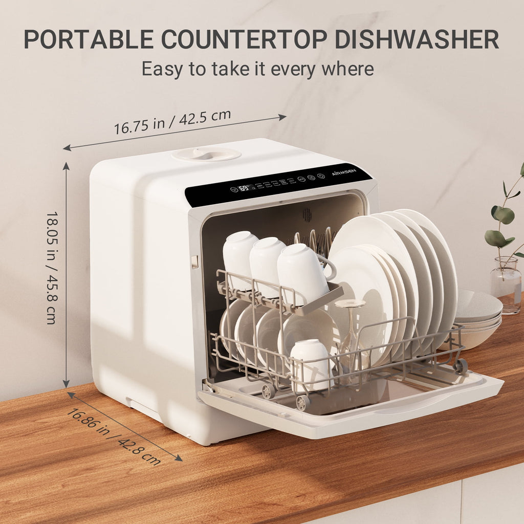 AIRMSEN Countertop Dishwasher with Salt Chamber, Portable Mini Dishwasher with 5L Built-in Water Tank, 18H Delay Start & ECO Mode, Ideal for Apartments & RVs, TDQR09