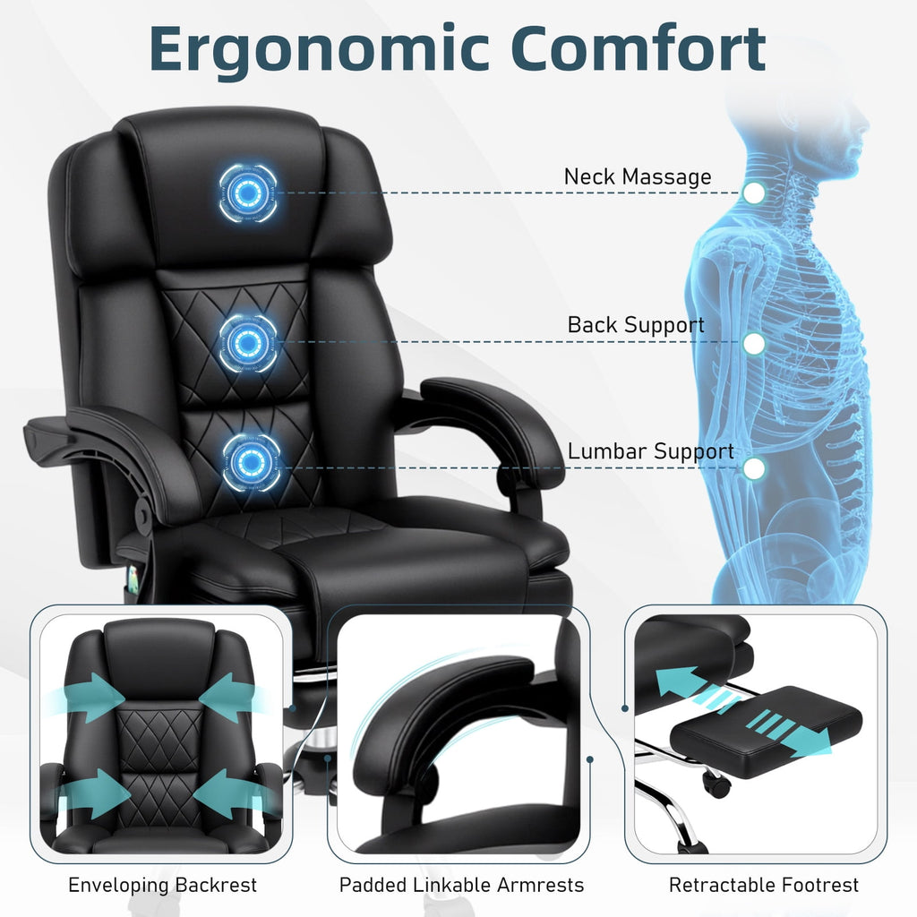 HOMREST Ergonomic Office Chair with 6-Point Massage & Heating, Adjustable Executive Desk Chair with Retractable Footrest, PU Leather Home Office Desk Chair for Home & Office (Black)