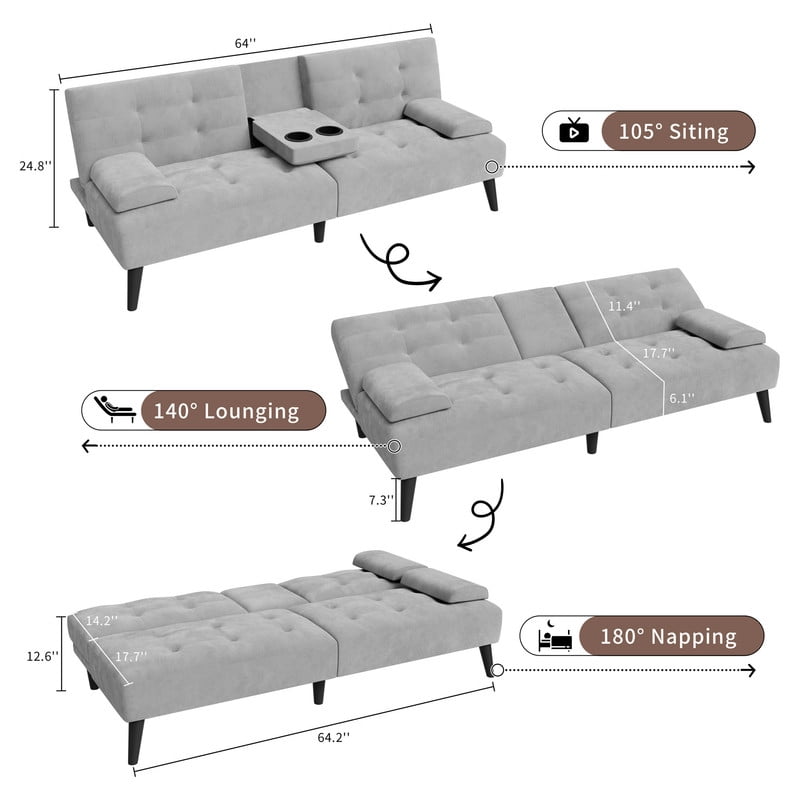 Walsunny Convertible Futon Sofa Bed, Foldable Futon Sleeper Sofa Bed with 2 Cup Holders, Folding Loveseat Recliner with 3-Angle Adjustment Modern Couch for Living Room, Small Space, Pink