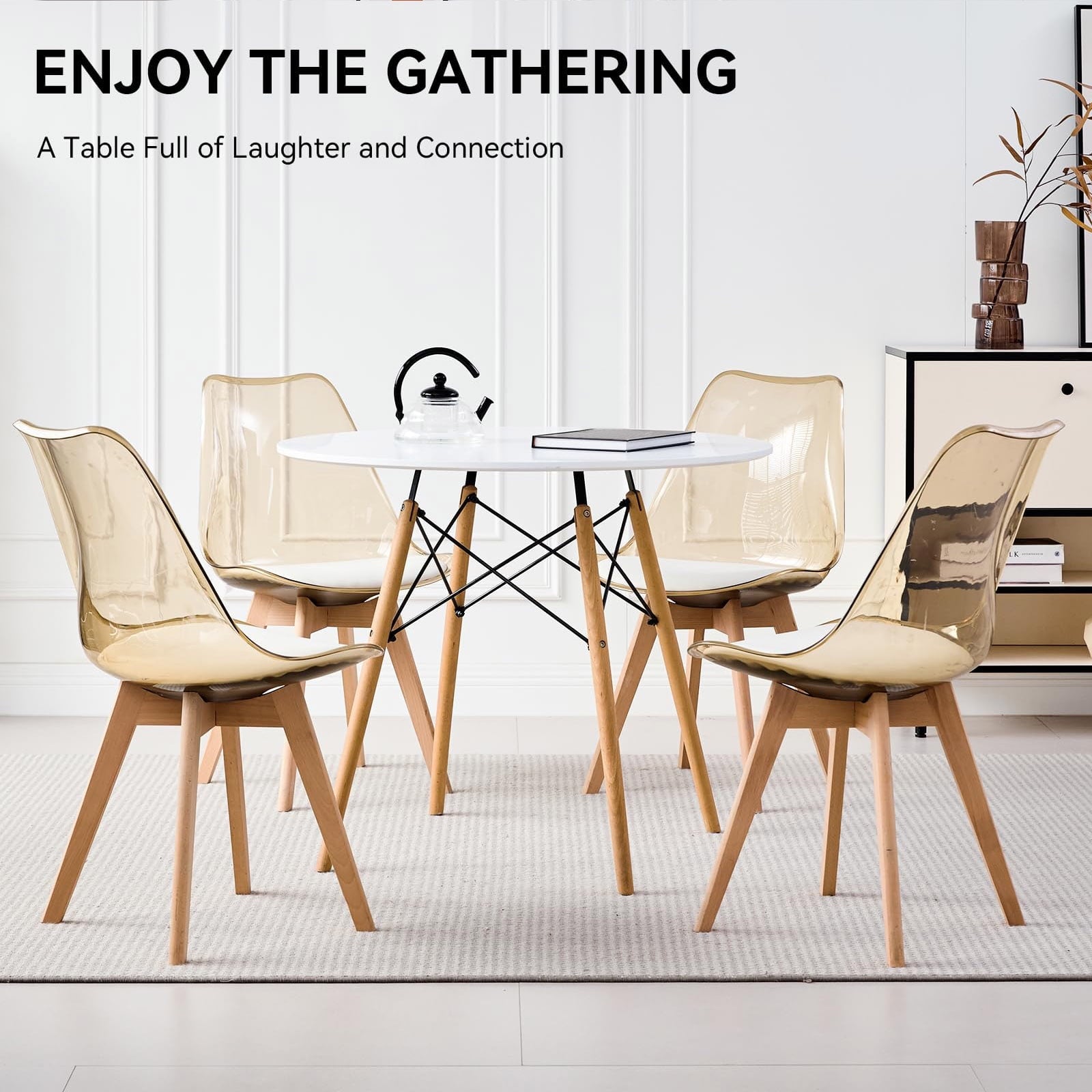 5-Piece 35.5'' Round Dining Table Set for 4, Kitchen Table Chair Set of 4, Mid-Century Modern Dinette Dining Room Table Set Dinner Table for 4 W/Solid Wood Legs, White