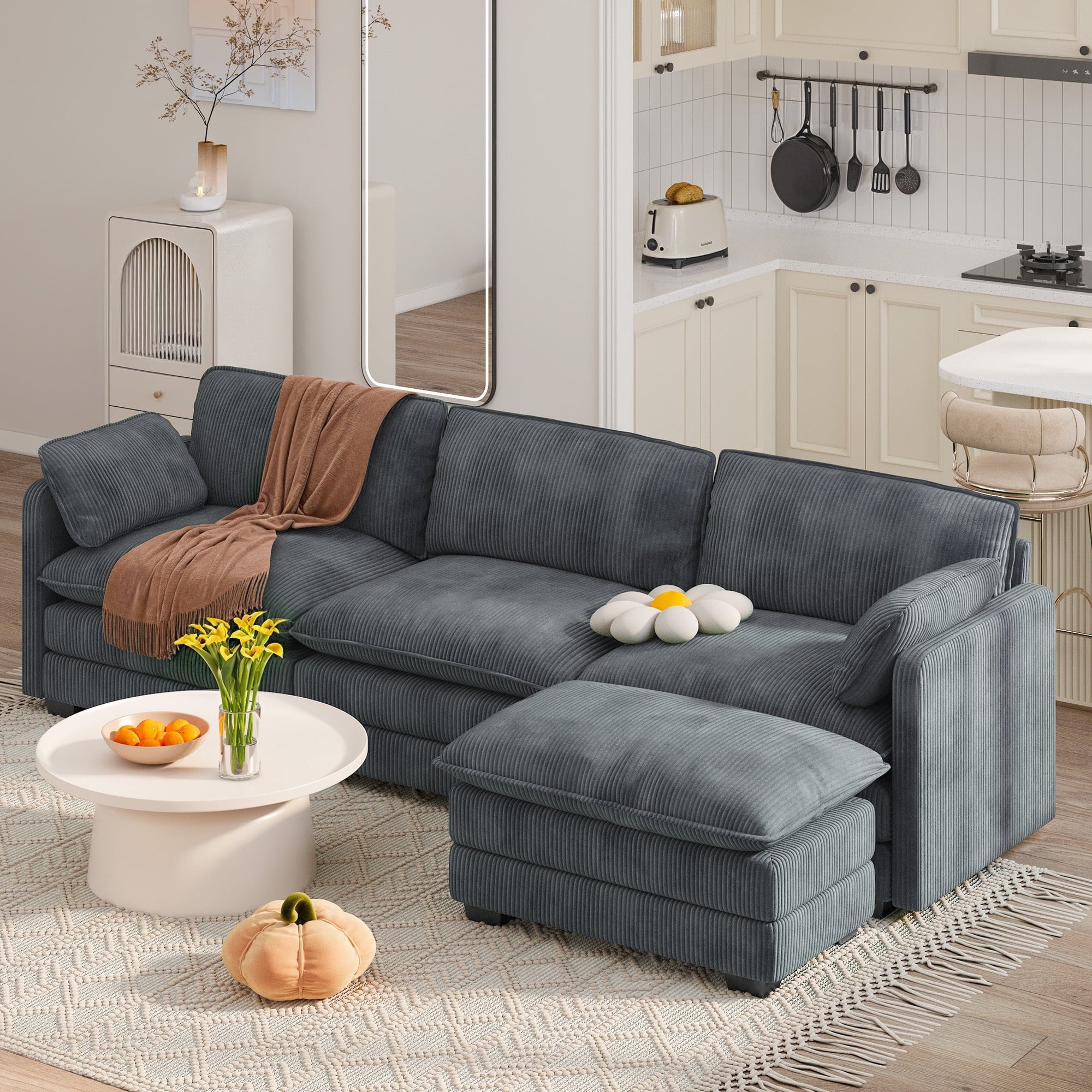 Sofa, L-Shaped Sofa Couch with Deep Seat and Movable Footrest Sofa for Office|Living Room, Gray