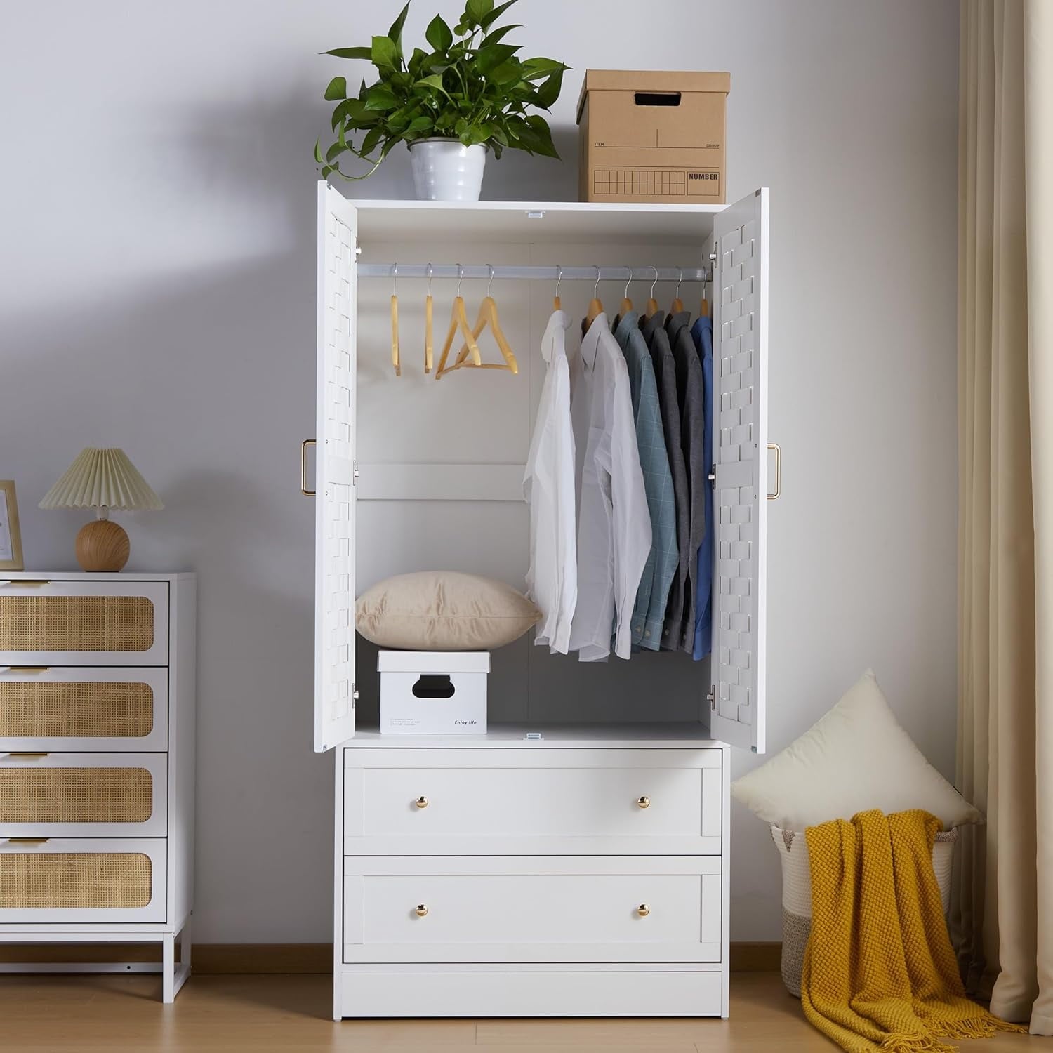 Wirrytor Freestanding Wooden Armoire Wardrobe with 2 Woven Doors and Storage Drawers, Space-Saving Closet Cabinet for Bedroom, Sturdy Mdf Board Closet with Hanging Rail