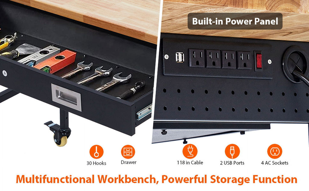 Garvee 60 x 22 in Garage Workbench with Rubber Wood Top & Cold Rolled Steel Structure, Work Bench with Drawer, Power Strip with 9 ft Cord