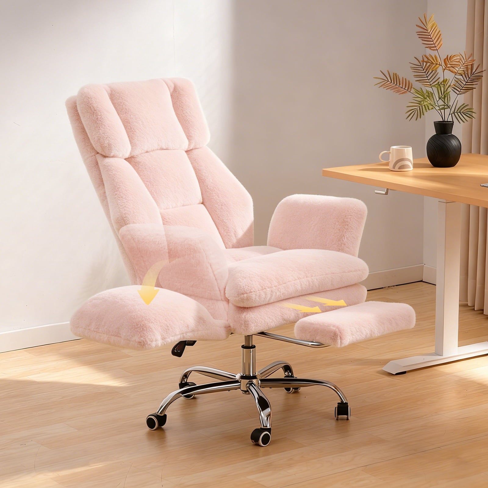 Patbrela Big and Tall Office Chair, Cloud Plush Swivel Desk Chair with 6-Level Adjustable Armrests, Home Ergonomic Executive Office Chair for Work, Gaming, Beige