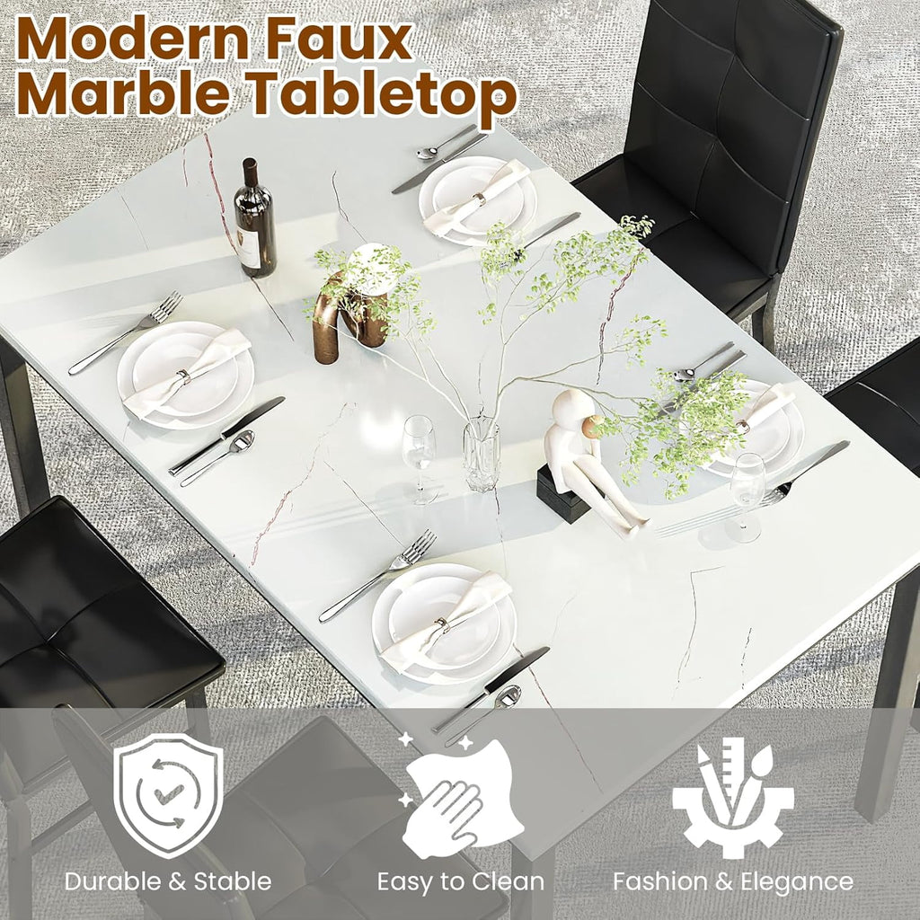 LinkRomat Dining Table Set for 4, Modern Faux Marble Tabletop and 4 PU Leather Upholstered Chairs, Kitchen Table and Chairs for Dining Room Breakfast Nook, Gray