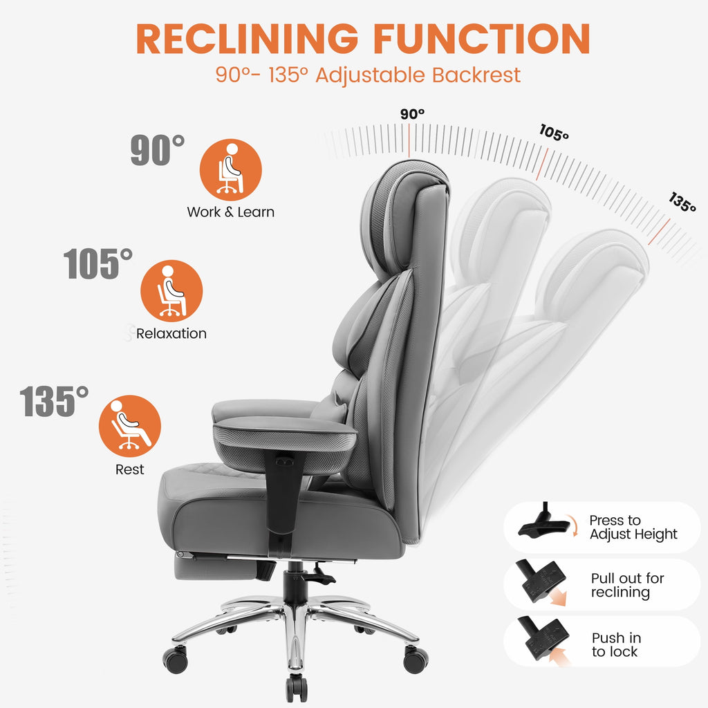 COOLHUT Big and Tall Office Chair 400LBS, Adjustable Headrest Ergonomic Computer Desk Chair, Executive Leather Chair with Adjustable Armrest, High Back Office Chair Havy Duty Design, Black