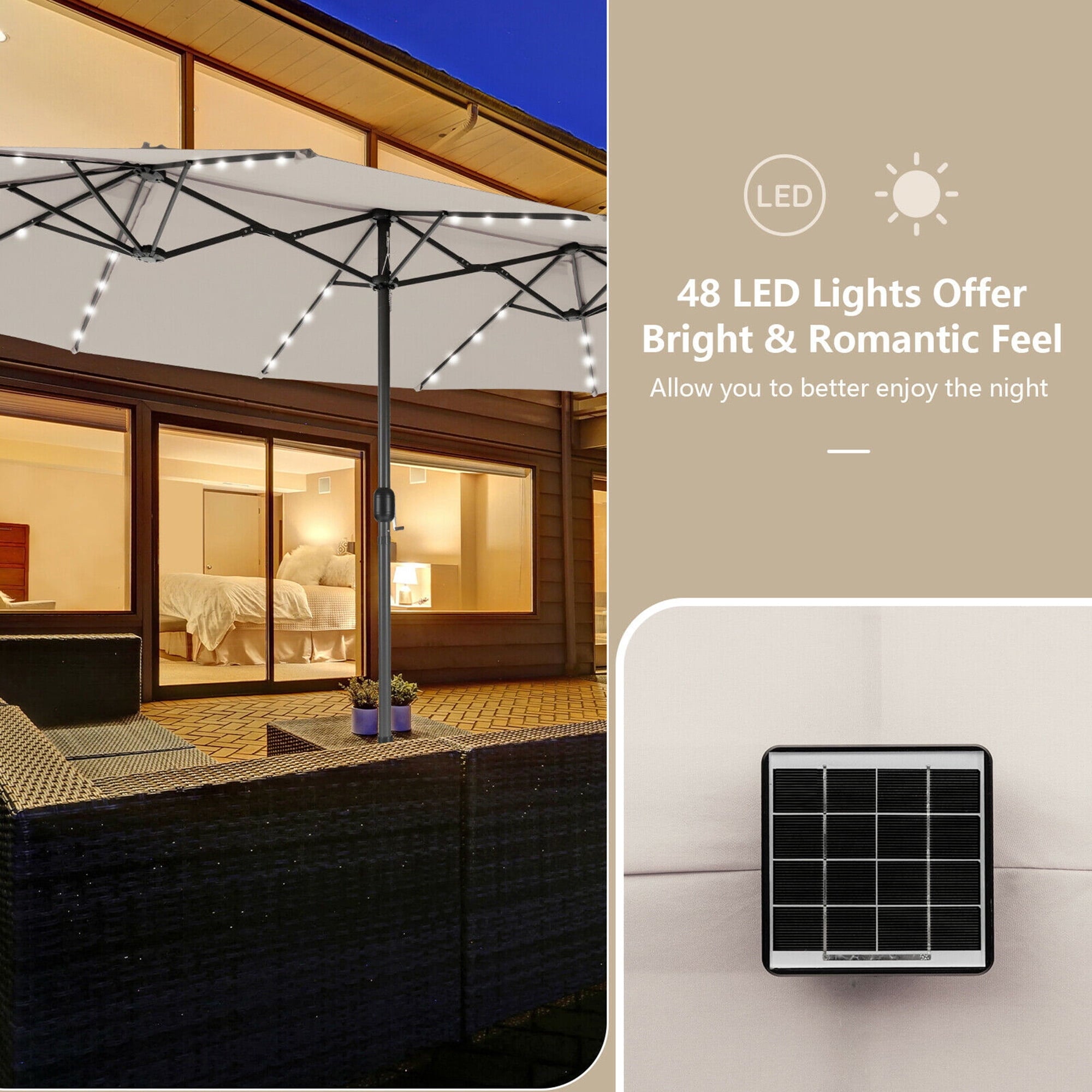 Gymax Outdoor 15' Double-Sided Patio Umbrella 48 Solar LED Lights Crank & Base Coffee