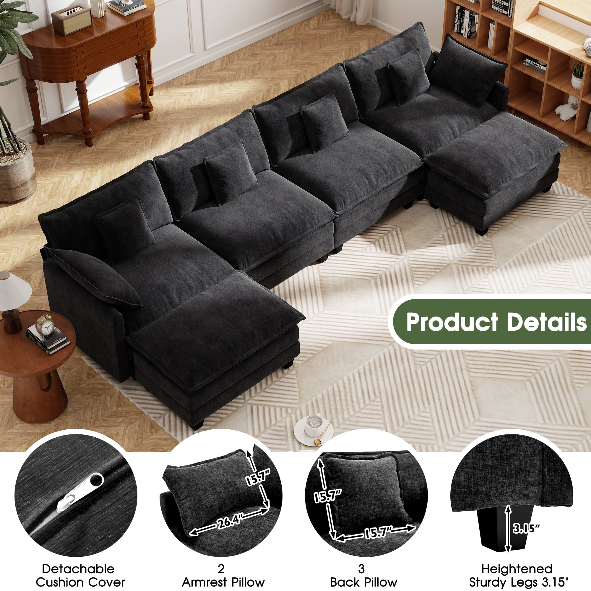 BedLuxury 111.5'' Modular Sectional Sofa with Movable Ottomans, U Shaped Cloud Couch for Living Room, 3-Seat, Grey