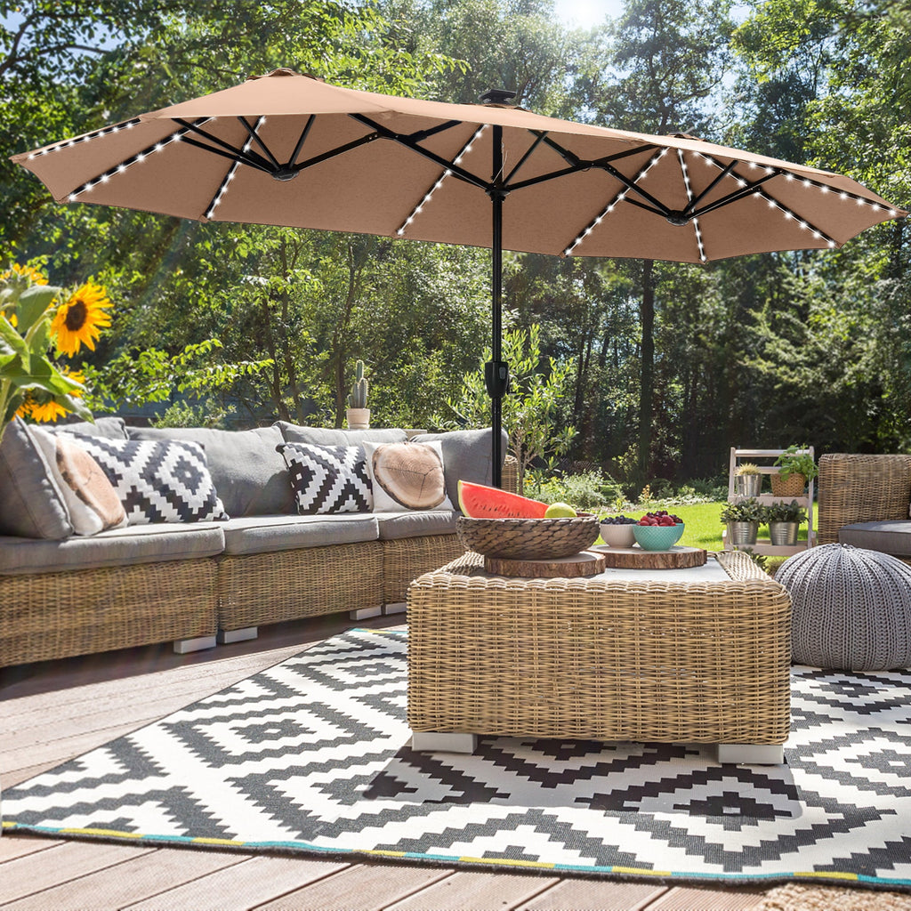 Alpha Joy 13ft Large Double-Sided Outdoor Patio Umbrella with Colorful Solar Lights, Navy Blue