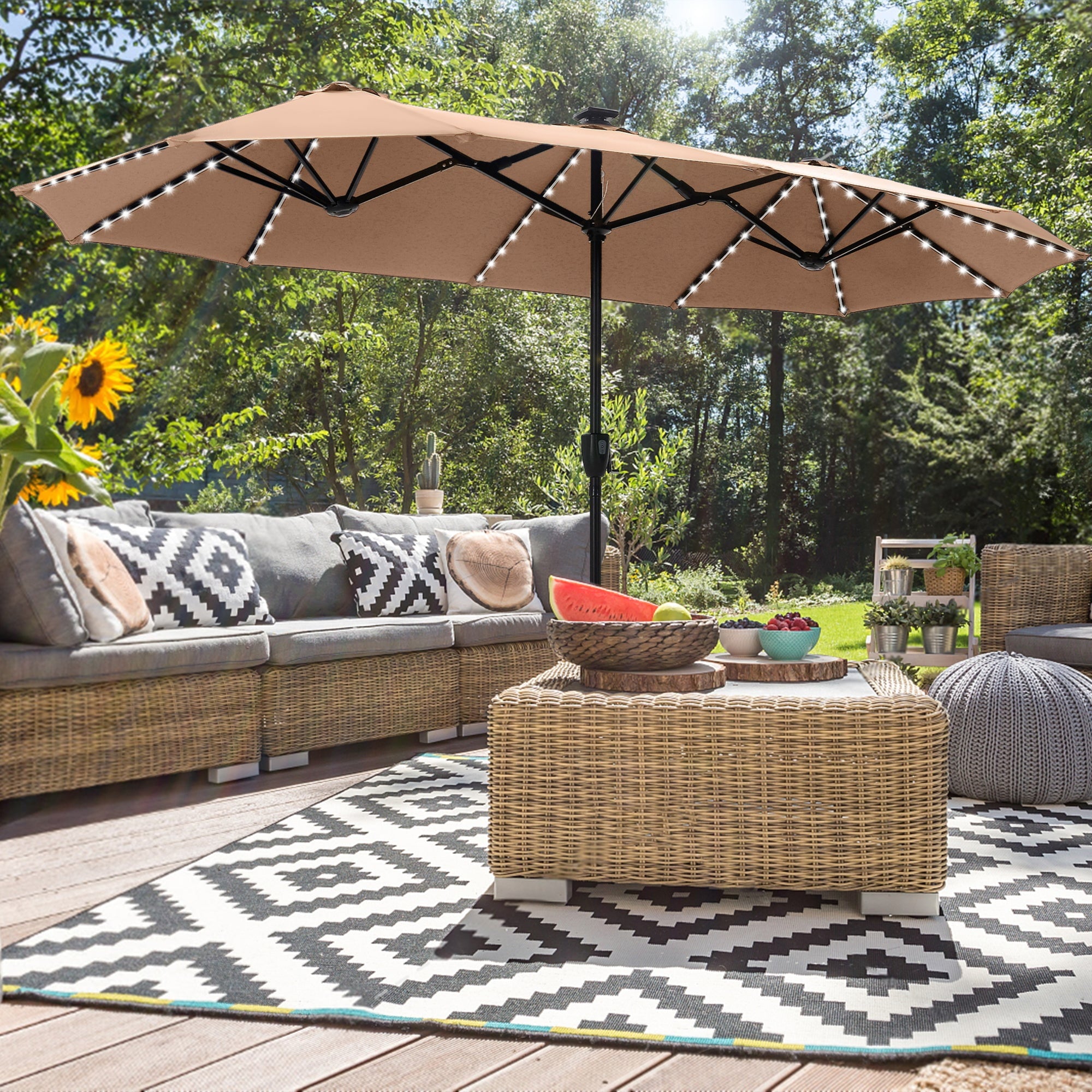 Alpha Joy 13ft Large Double-Sided Outdoor Patio Umbrella with Colorful Solar Lights, Navy Blue