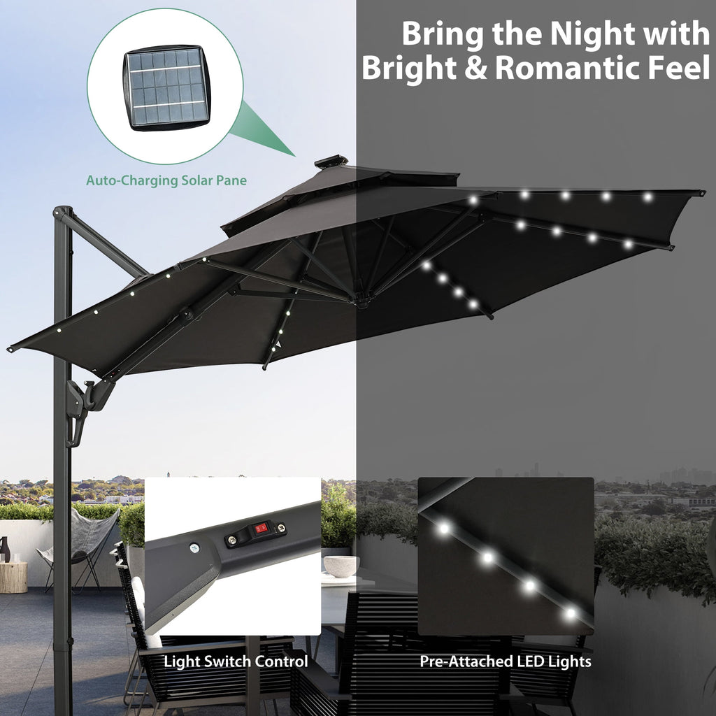 Ainfox 10ft Double Top Heavy-Duty Patio Cantilever Umbrella with lights and Cross Base, Outdoor Large Offset Hanging Aluminum Rotation Sun Shade Solar Umbrella with 360°Rotation Adjustable,Khaki