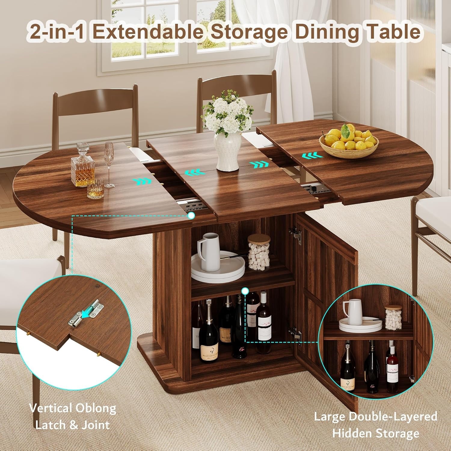 iPormis Extendable Round Dining Table for 4-6, 59'' Modern Kitchen Table with 2-Tier Storage Shelf, Wood Door, MDF Board, Space Saving Oval Dinner with Sturdy Pedestal Base, Kitchen, Dining,Walnut