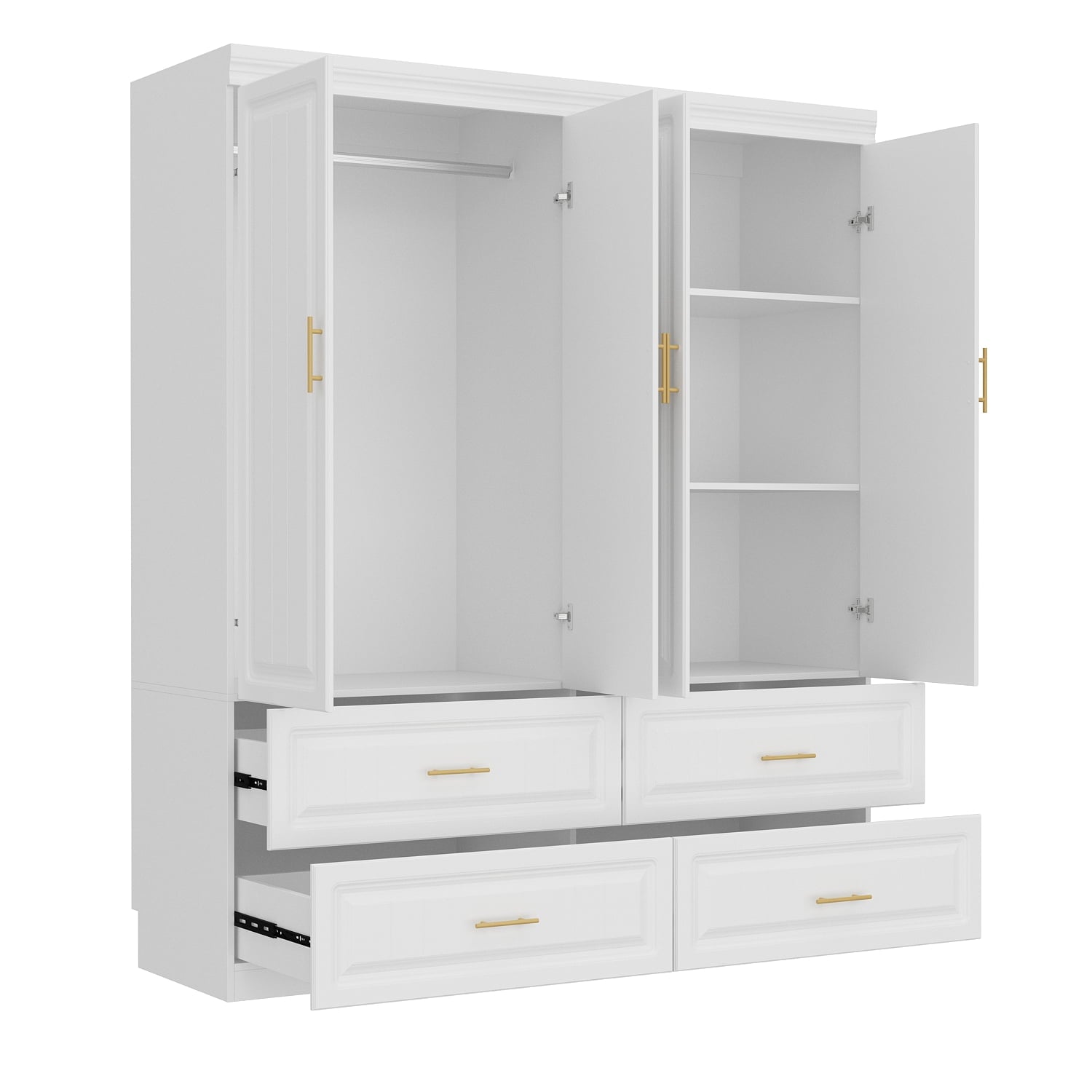 WIAWG 4 Door Wardrobe Closet with 4 Drawers & Shelves, Armoire Wardrobe Closet with Hanging Rod, for Bedroom White and Gold