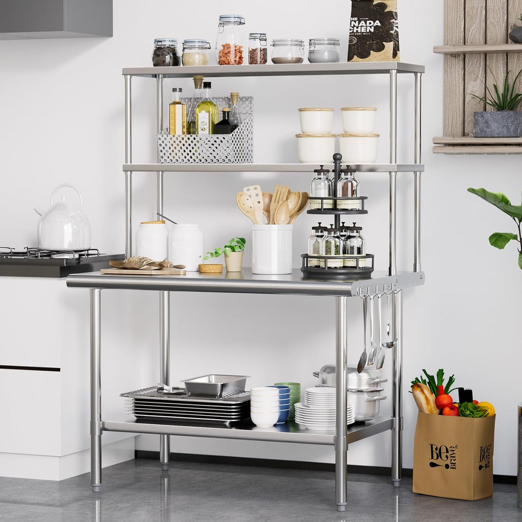 Ktaxon 72 x 30 Stainless Steel Workbench with Overshelves, NSF Commercial Heavy Duty Work Table with Adjustable Undershelf & Detachable Hooks