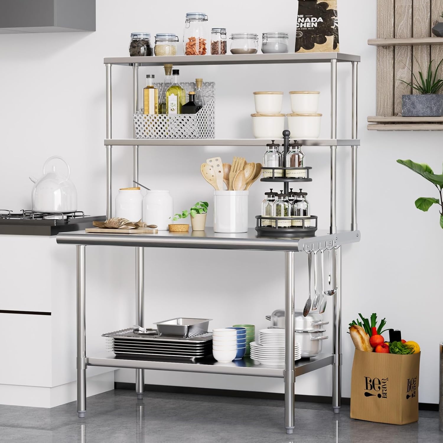 Ktaxon 72 x 30 Stainless Steel Workbench with Overshelves, NSF Commercial Heavy Duty Work Table with Adjustable Undershelf & Detachable Hooks
