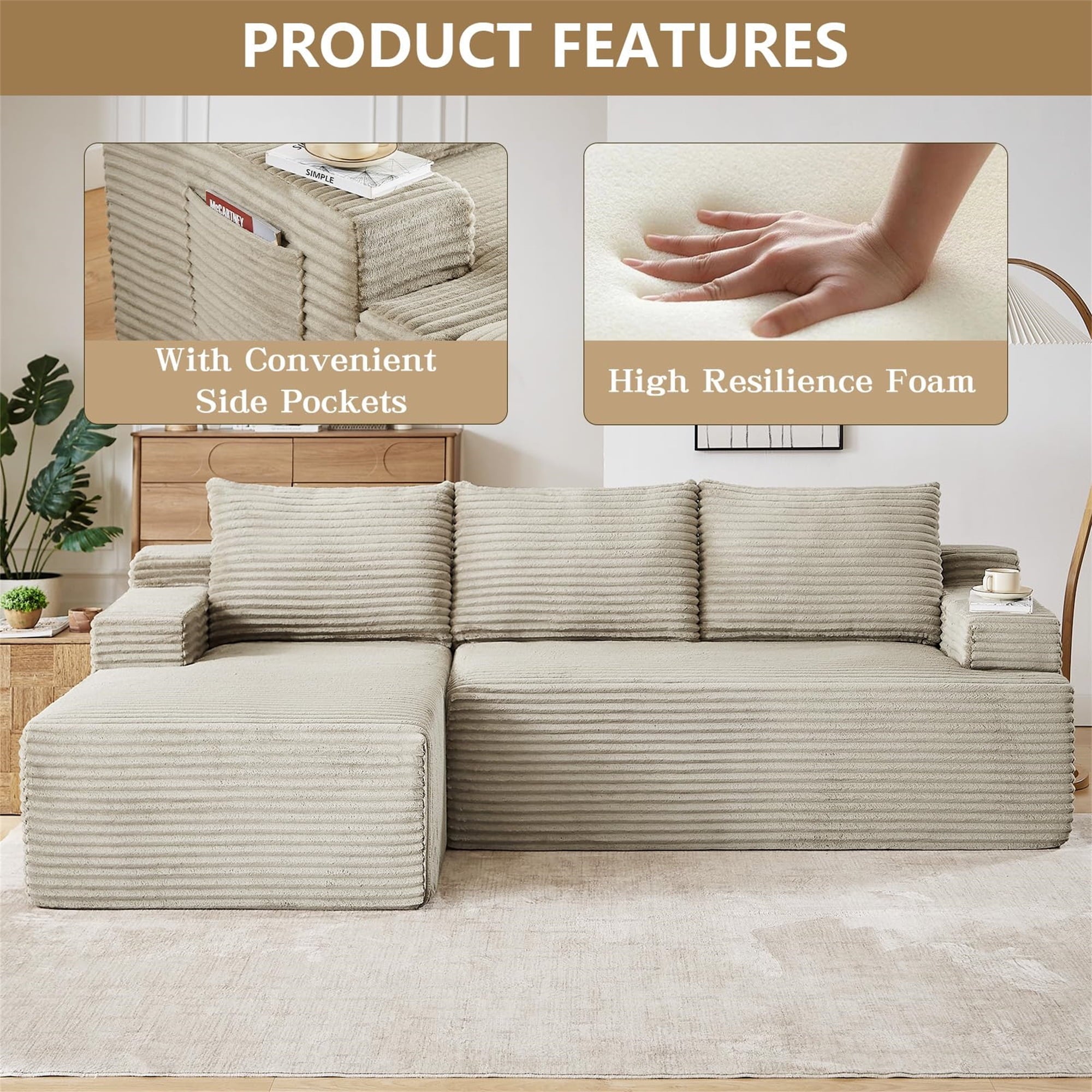 Aukfa 95 Cloud Sectional Sofa Deep Seat Boneless Couch Modular L-Shaped Couch, Left Chaise Corduroy Sofa for Living Room, Black