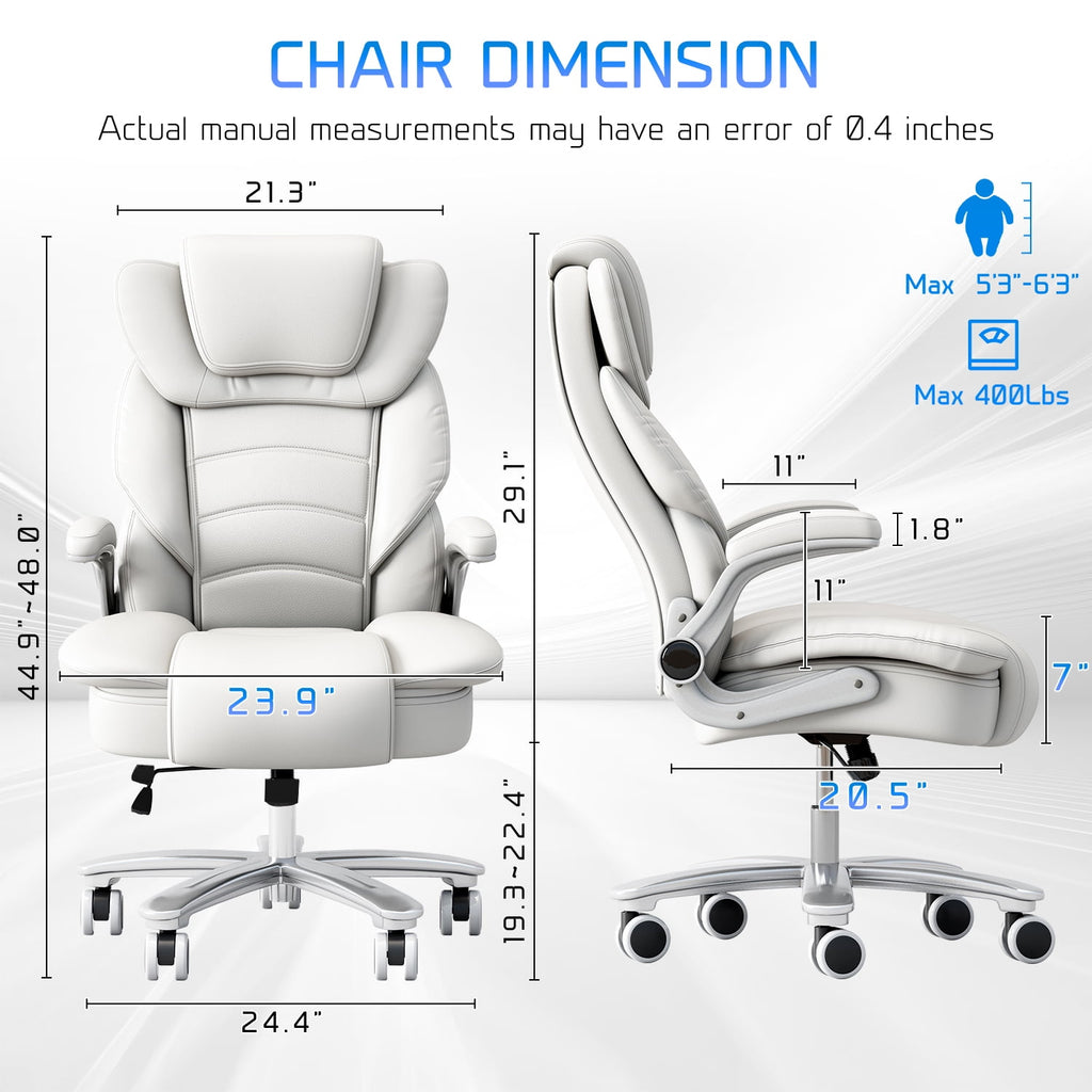 Ninecer Big and Tall Office Chair 400lb Wide Seat, Ergonomic High Back Leather Executive Desk Chair, Computer Chair with Flip-up Arms, Black