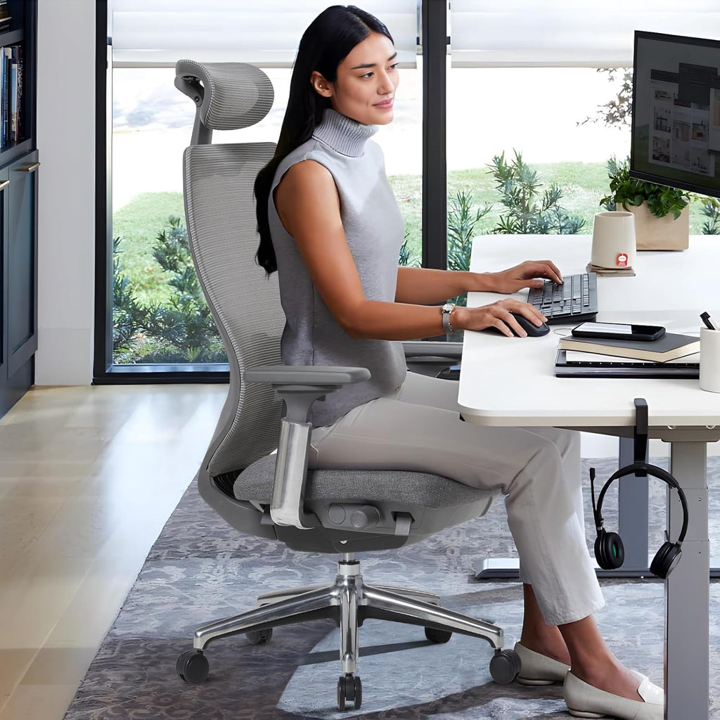 COLAMY ATLAS-01 Ergonomic Office Chair, High Back Office Executive Desk Chair, Mesh Office Chair Lumbar Support with Adjustable Headrest and 4D Arms, Slide Seat, Tilt Lock-Darkgrey