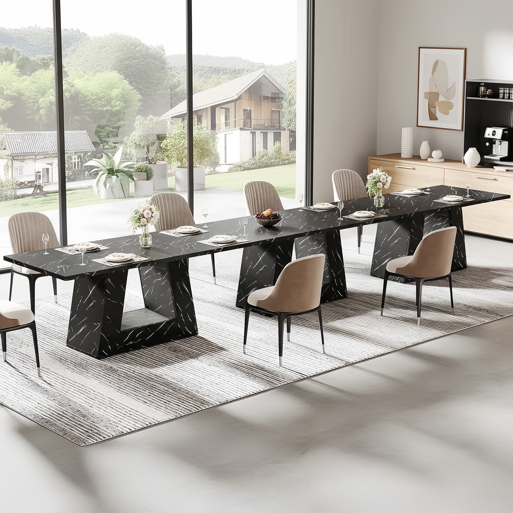 Modern Faux Marble Dining Table, 63 Rectangular 4-6 Seater Wood Table with Sturdy Base, Kitchen Living Room Dinner Table