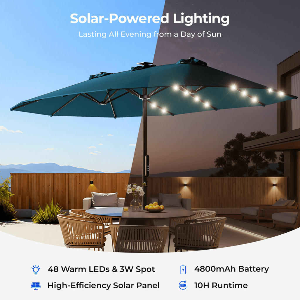 15ft Smart Electric Patio Umbrella, Large Double Sided Rectangular Outdoor Patio Umbrella with Light and Base for Lawn, Garden, Backyard,Beige