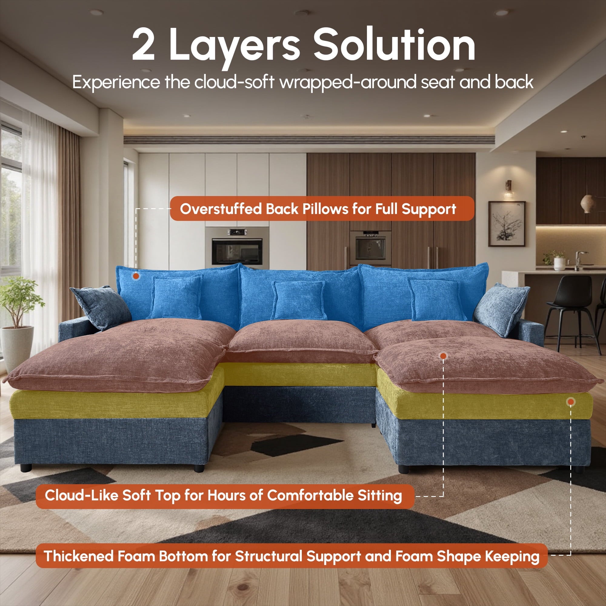Ovios 108 Modular Sectional Sofa U-Shaped Cloud Couch with 2 Ottomans, Comfy Living Room Furniture, Chenille, Dark Blue