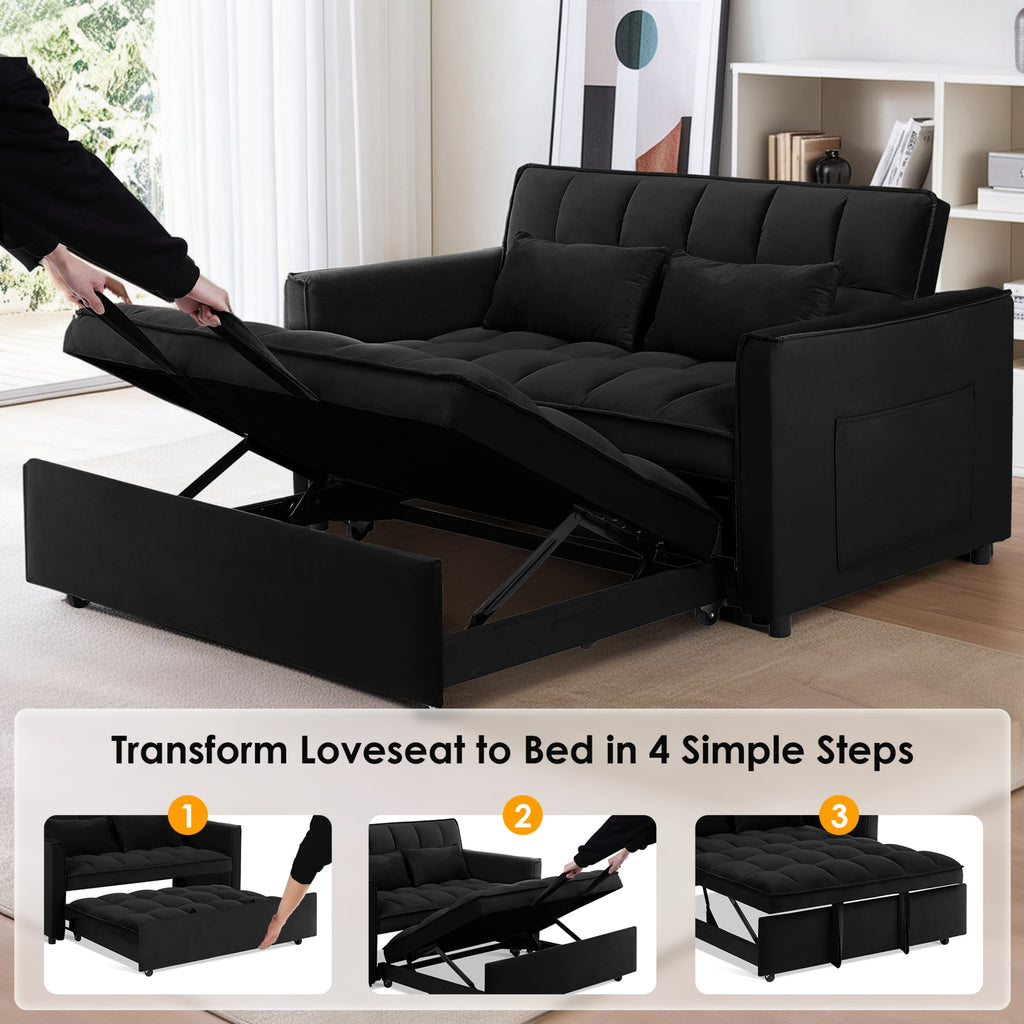 Anpport 3-in-1 Convertible Sleeper Sofa Bed, Pull-Out Loveseat Couch with Adjustable Back for Small Spaces, Velvet Fabric, 55, Dark Gray