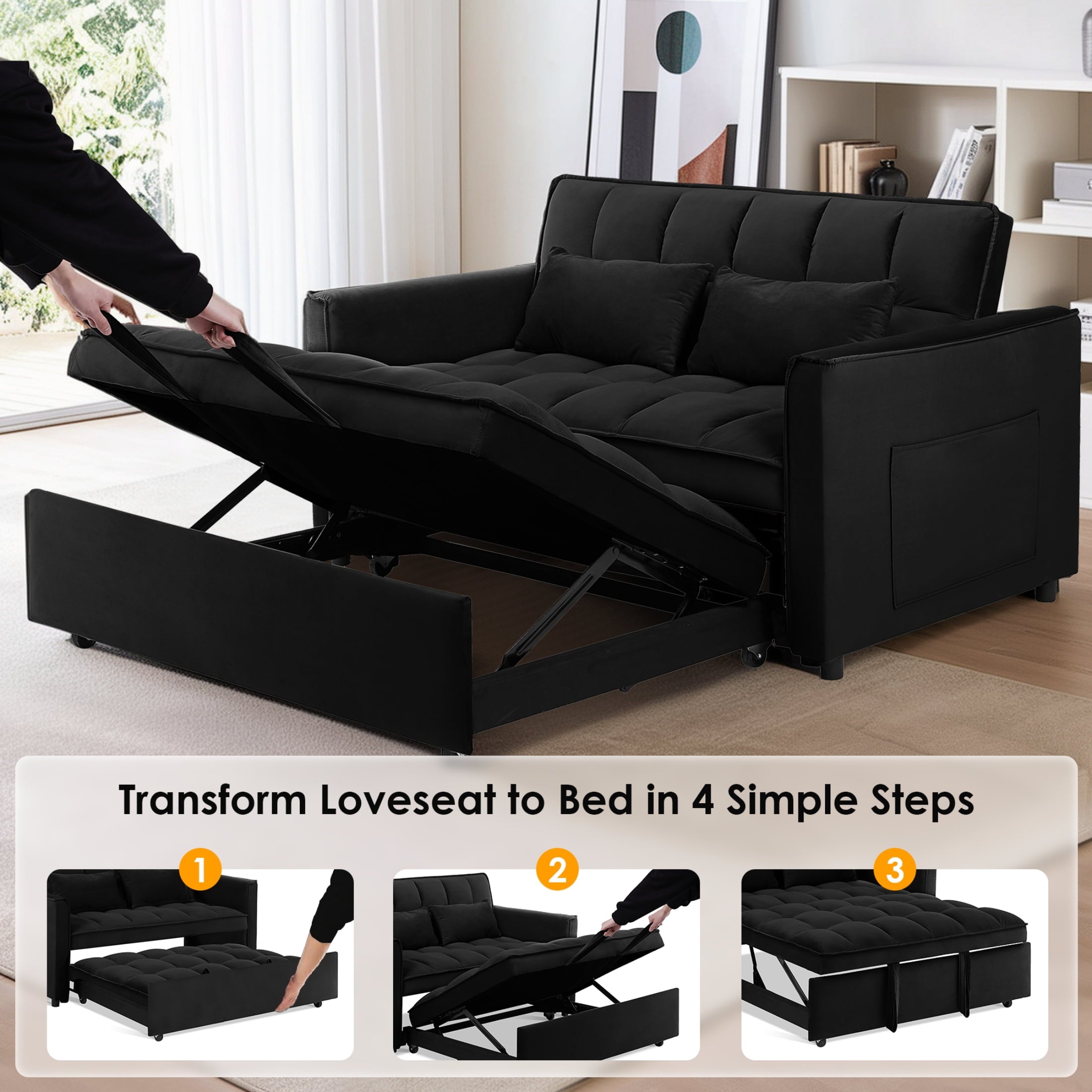 Anpport 3-in-1 Convertible Sleeper Sofa Bed, Pull-Out Loveseat Couch with Adjustable Back for Small Spaces, Velvet Fabric, 55, Dark Gray