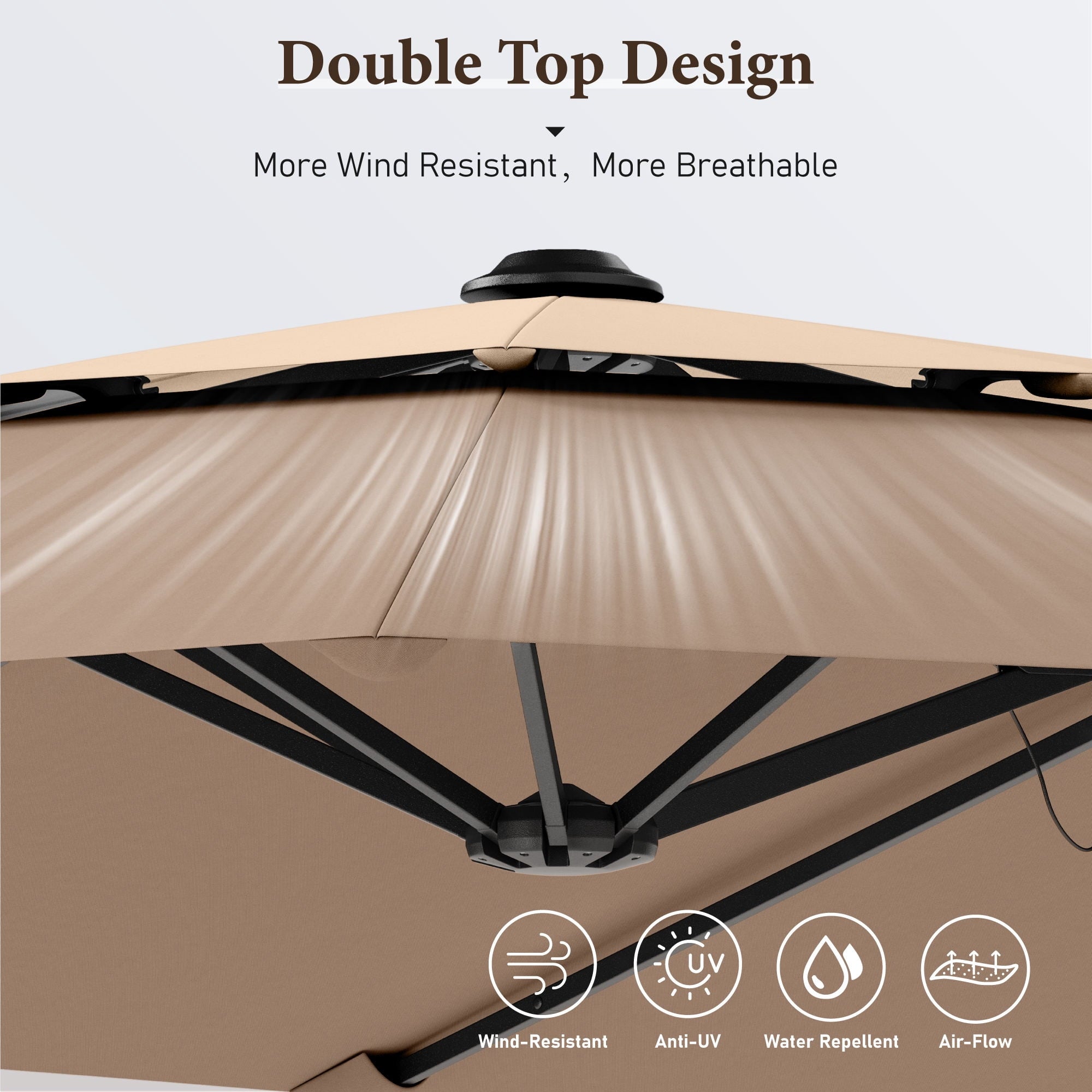 SUMMIT LIVING 13FT Patio Umbrella with Solar Lights & Base, 8 Colors 14 Modes, Double-Vented Outdoor Market Rectangle Umbrella for Garden - Beige & Tan