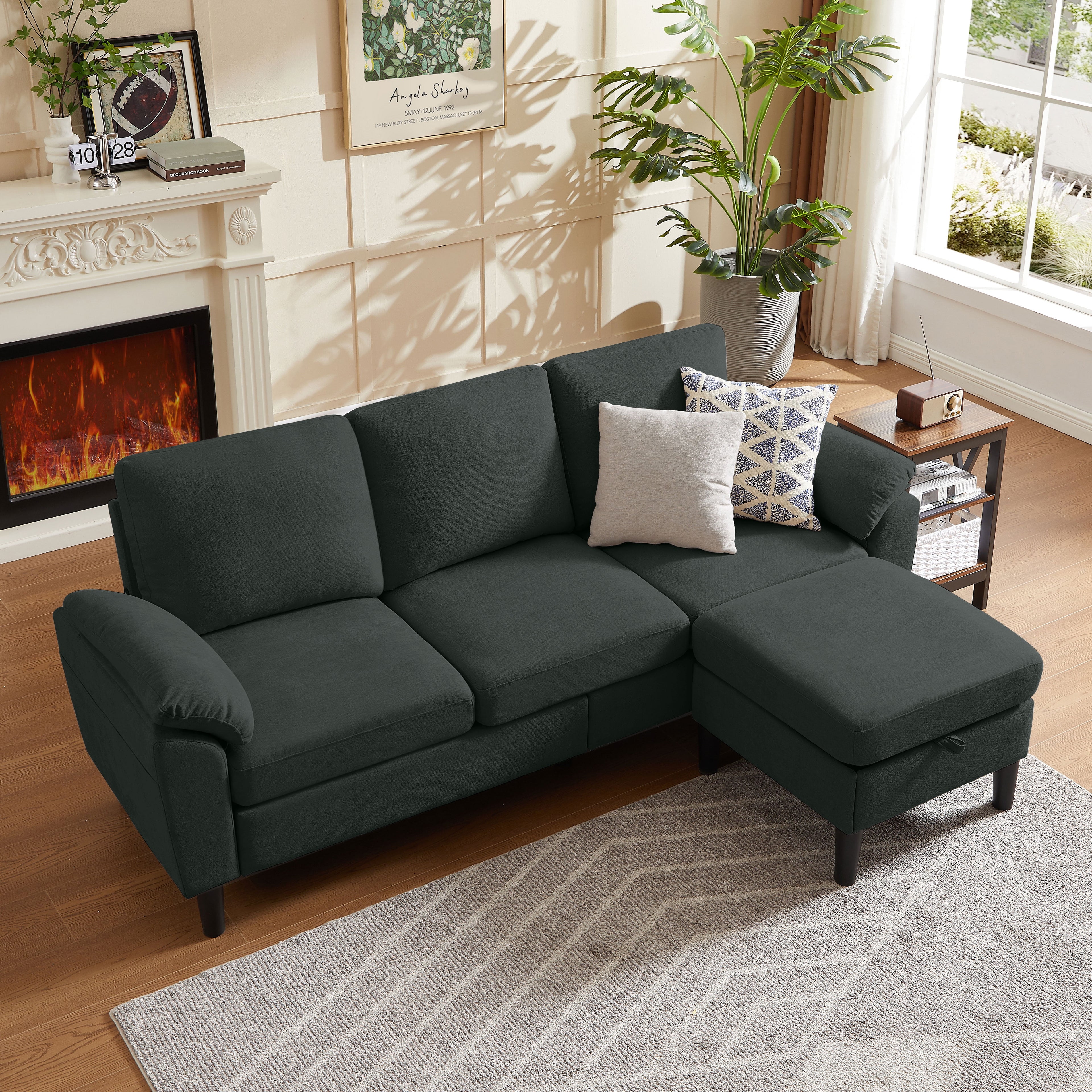Jarenie 80 Convertible Sectional Sofa, Small L Shaped 3 Seat Couch with Reversible Storage Chaise, Modern Polyester Fabric Sofa Couches for Living Room, Apartment and Small Space, Beige