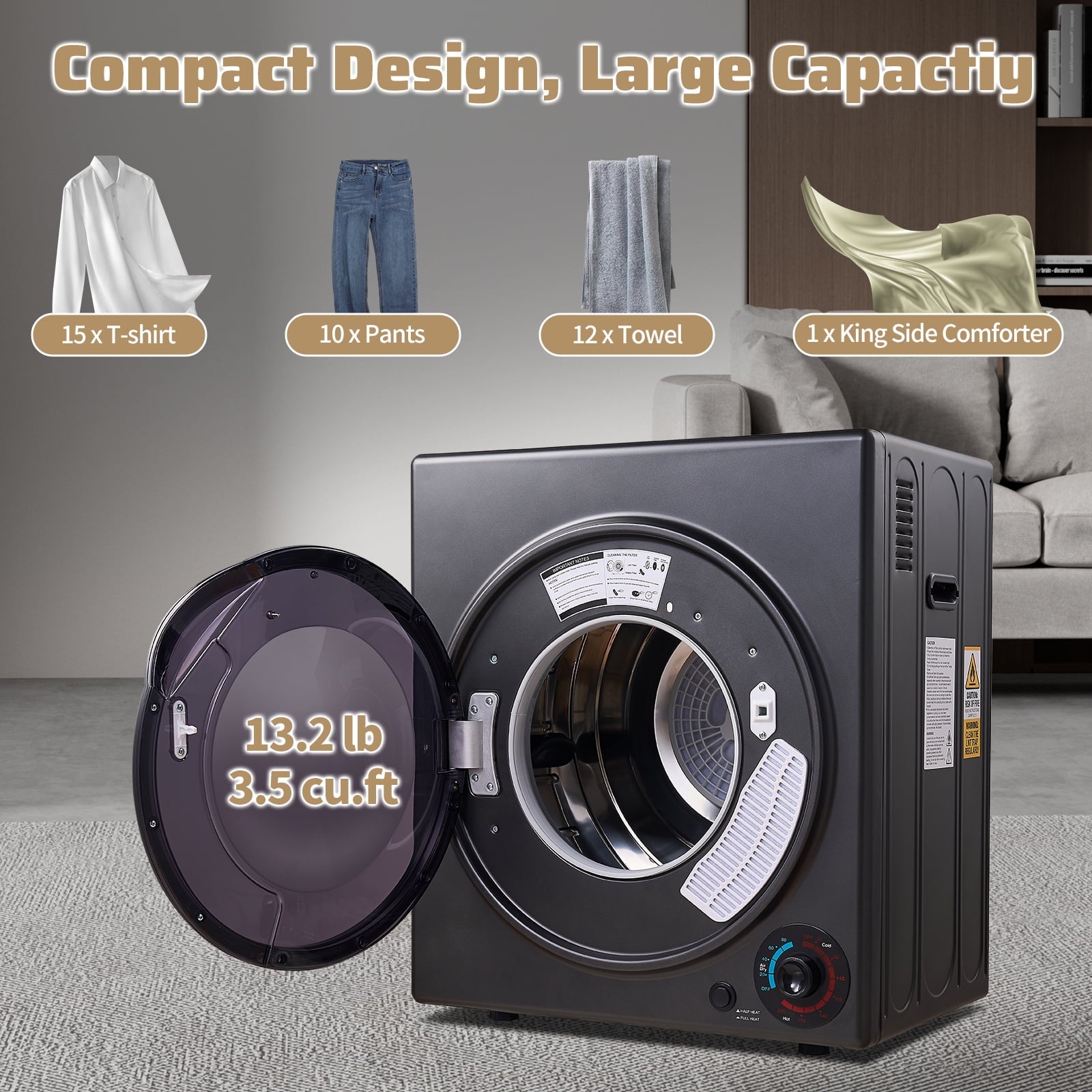 CTT Portable Dryers for Laundry 1500W, 3.5 cu.ft Compact Dryer with Stainless Steel Tub, 4 Drying Mode, Apartments, RVs, Dorms