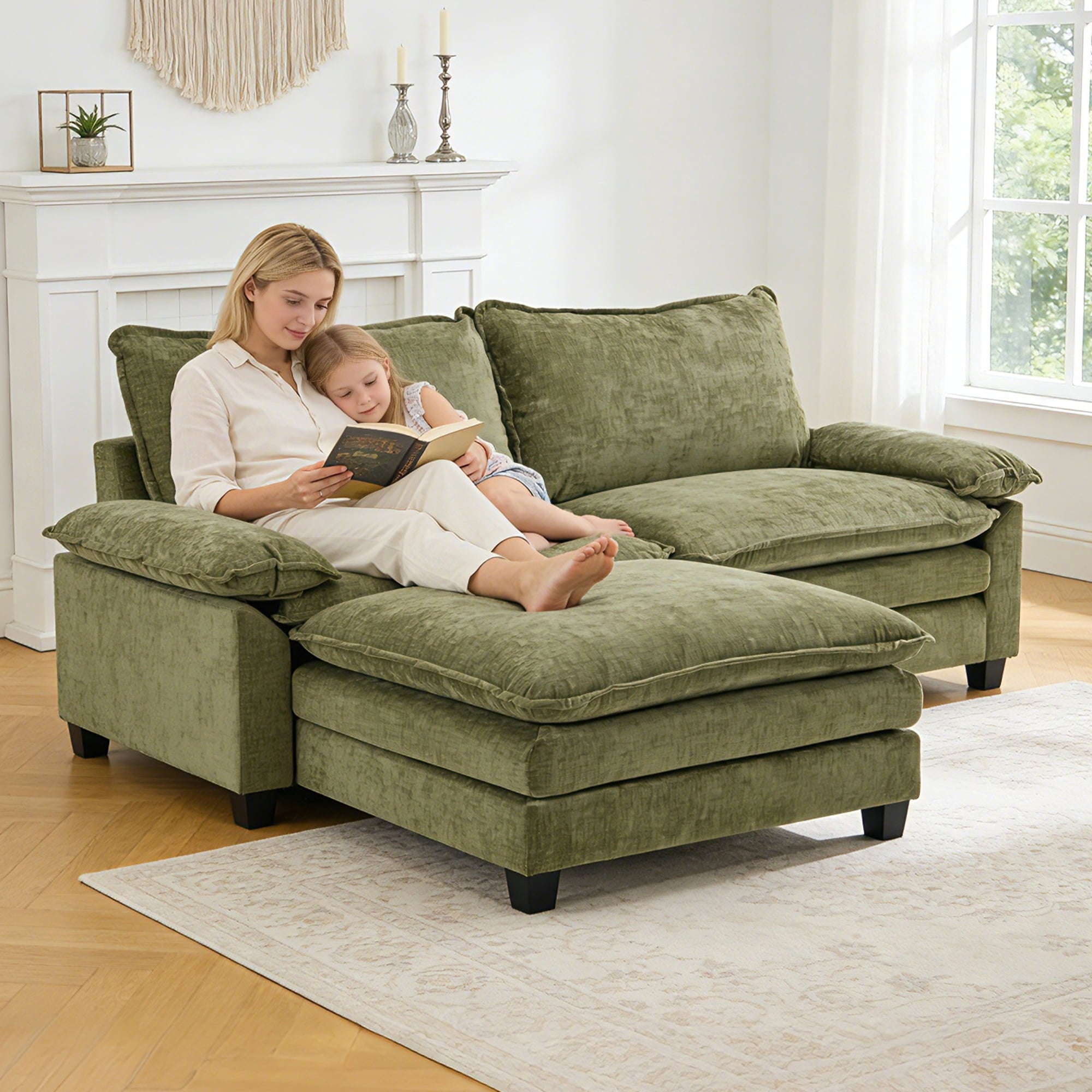 Ktaxon Sectional Sofa L Shaped Couch with Chaise Living Room Sleeper Set, 2 Seats with Chenille and Double Layer Cushions 86 W Beige