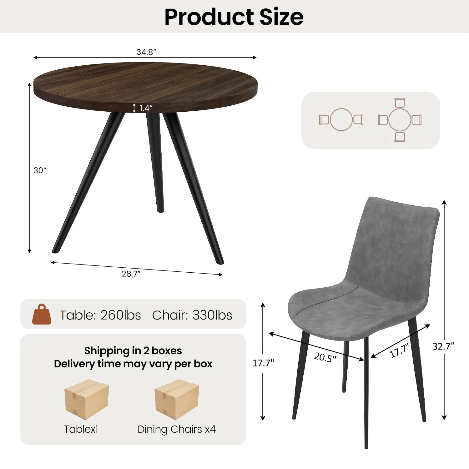 34.8 Round Dining Table for 4 People, Modern Circle Kitchen Table with Metal Legs for Kitchen, Dining Room, Apartment,Gray