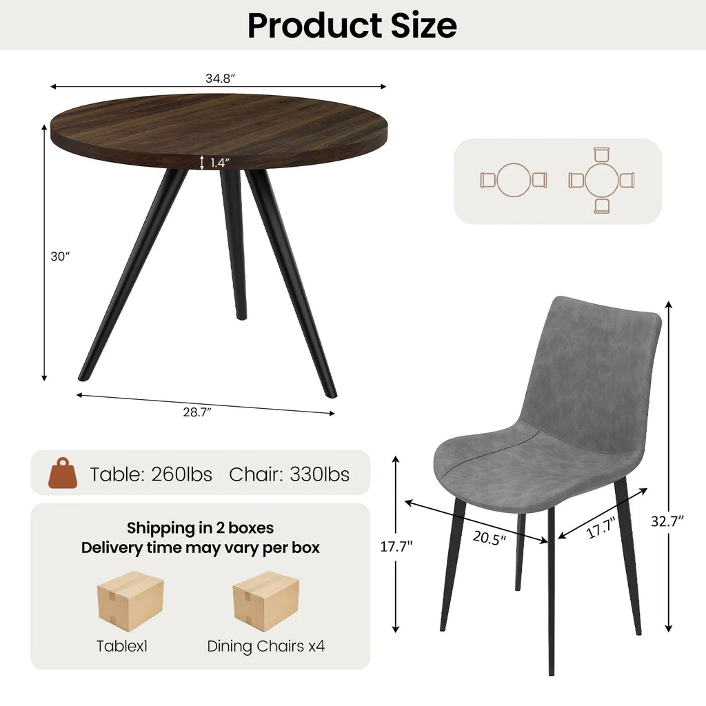 34.8 Round Dining Table Set for 4,5 Piece Mid-Century Modern Dining Set with 4 Upholstered Dining Chairs,Leisure Coffee Table for Kitchen Dining Room, Save Space
