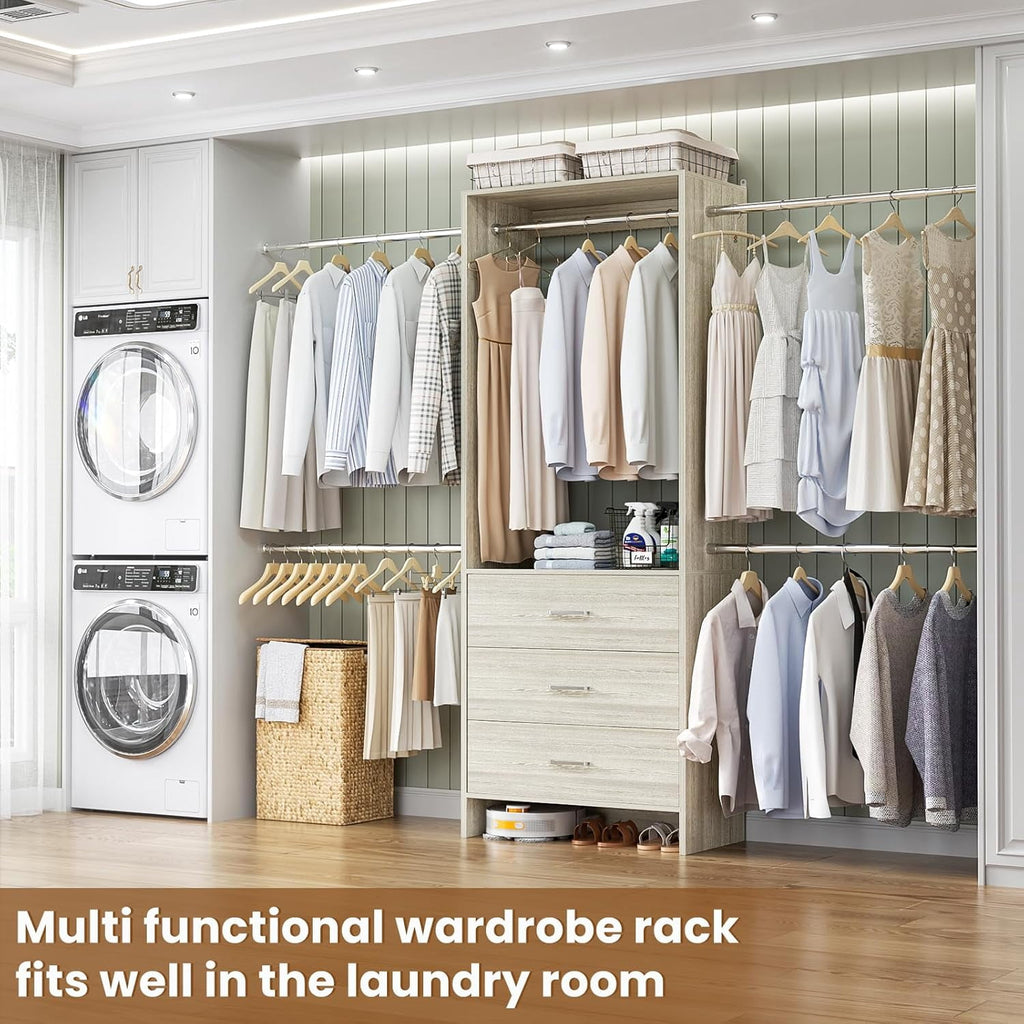 Homieasy Closet System, Closet Organizer with 3 Wooden Drawers, Walk-in Closet Wardrobe Clothes Rack with 4 Hanging Rods, Garment Rack, White