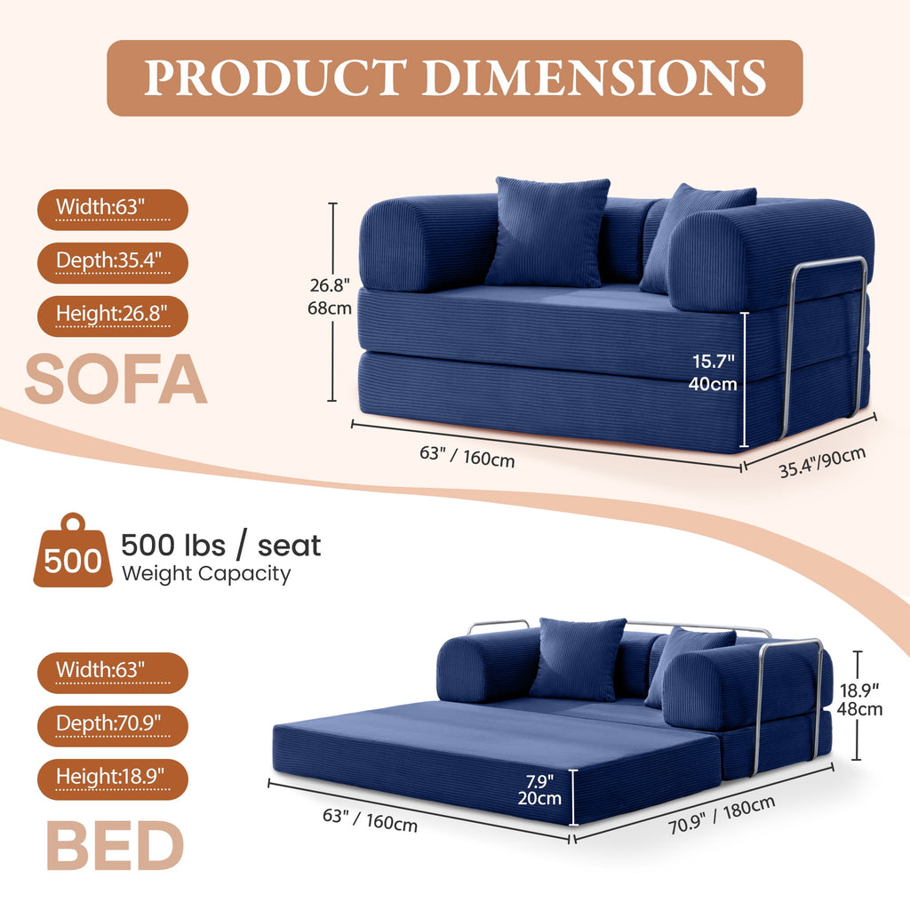 COOLHUT 63 W Combination Sofa, High Rebound Density Foam Sofa Couch, Two Forms Floor Couch Three Seats Sofa Bed for Living Room, Bedroom, Green