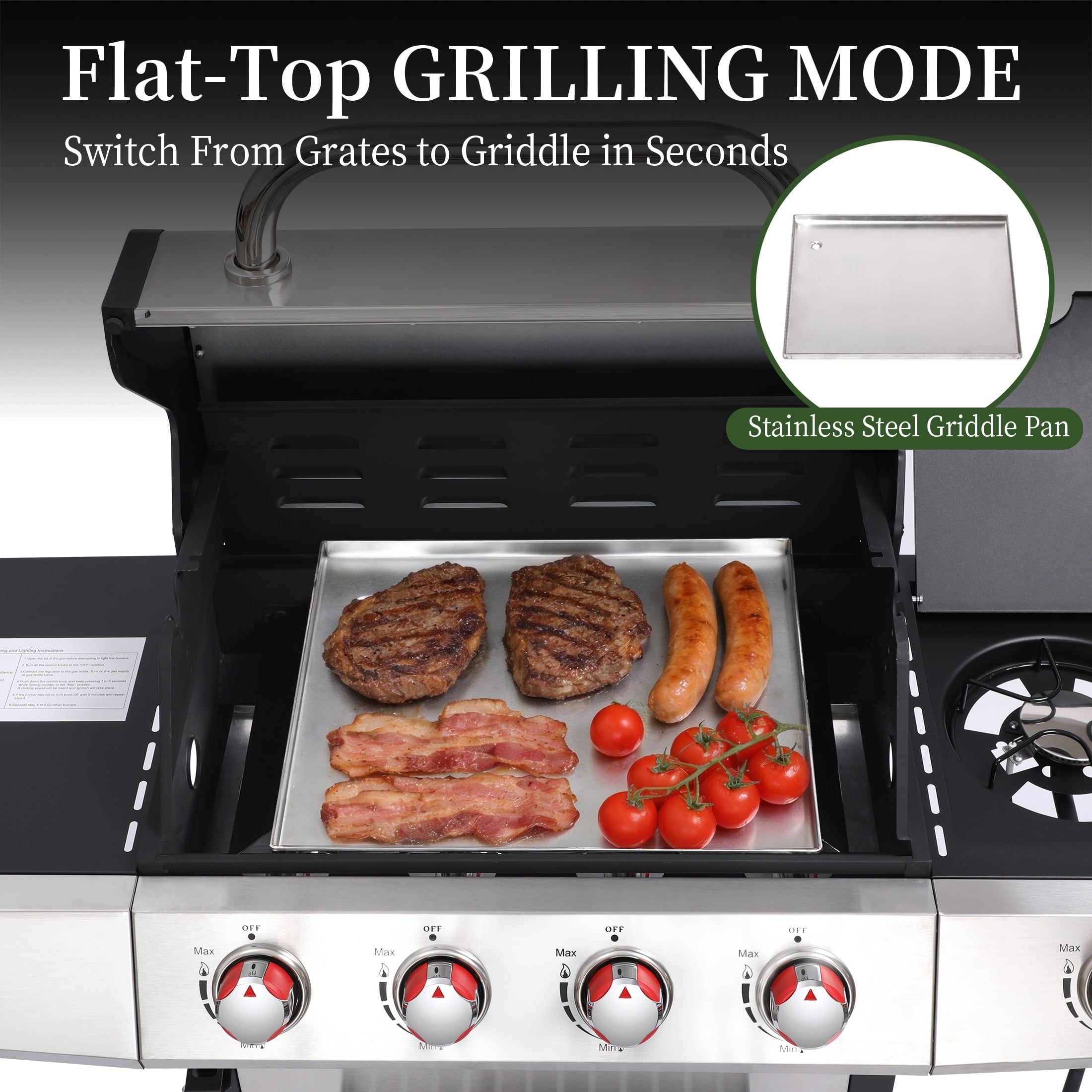 4 Burner Propane Gas Grill Combo w/Side Burner, 3-in-1 BBQ Grill with Charcoal Smoker & Griddle Plate, 46,750 BTU, 448 Sq.In. Stainless Steel Outdoor Cooking Station